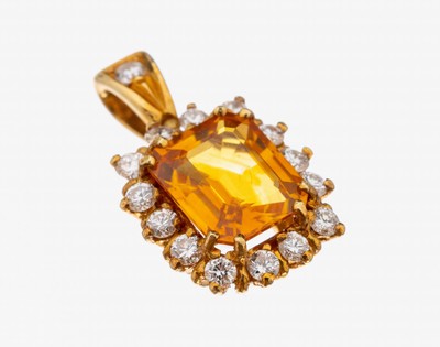 Image 18 kt Gold Saphir-Brillant-Anhänger, GG 750/000, mittig mit einem feinem orangef. ...