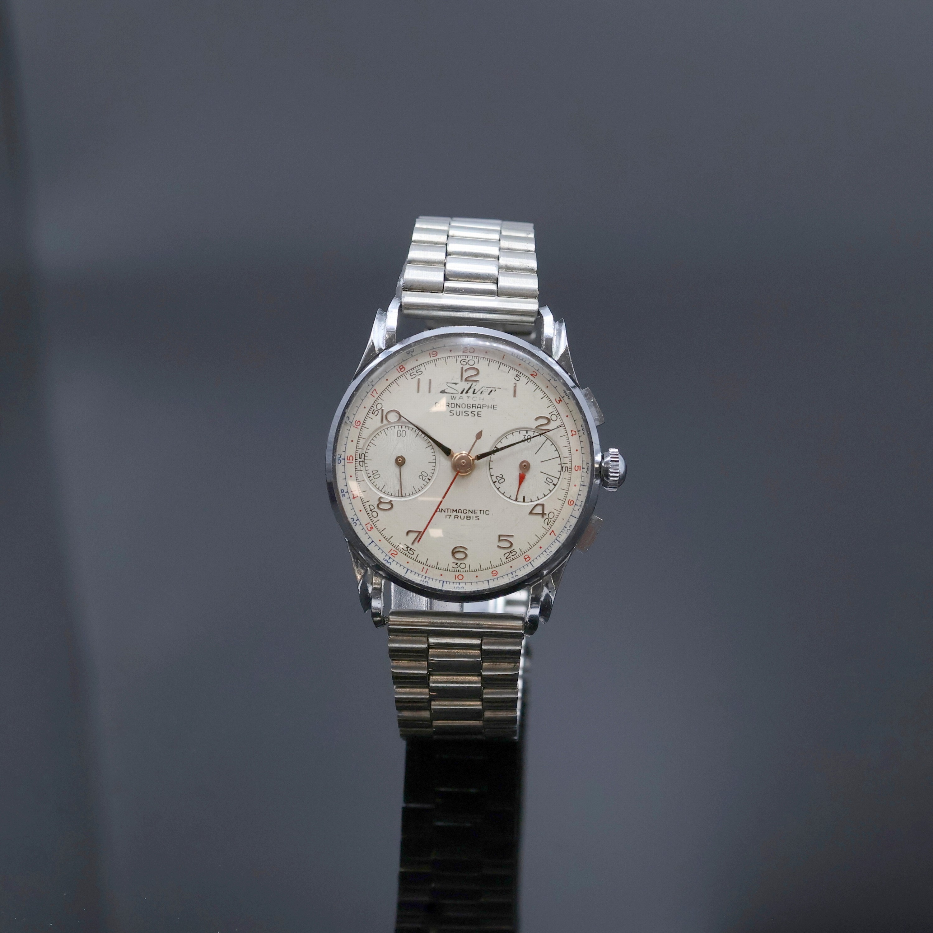 SILVER WATCH / CHRONOGRAPHE SUISSE Armbandchronograph, Handaufzug, Schweiz um 1950, verchr. Geh., Edelstahlboden und Glasrand aufgedr., neutr. ...