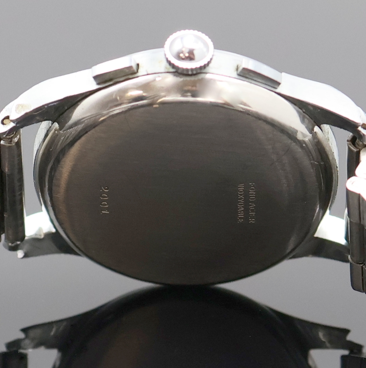 Detail d: SILVER WATCH / CHRONOGRAPHE SUISSE Armbandchronograph, Handaufzug, Schweiz um 1950, verchr. Geh., Edelstahlboden und Glasrand aufgedr., neutr. ...