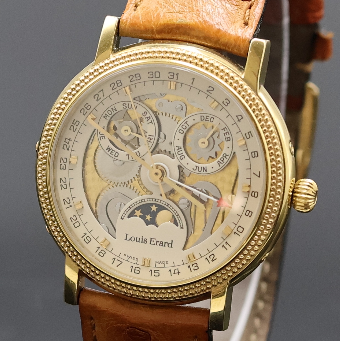 Detail a: LOUIS ERARD Armbanduhr Phase de Lune, Automatik, Schweiz um 2000, verg. Geh. inkl. orig. Lederband m. orig. Dornschl., beids. vergl., Boden aufgedr., ...