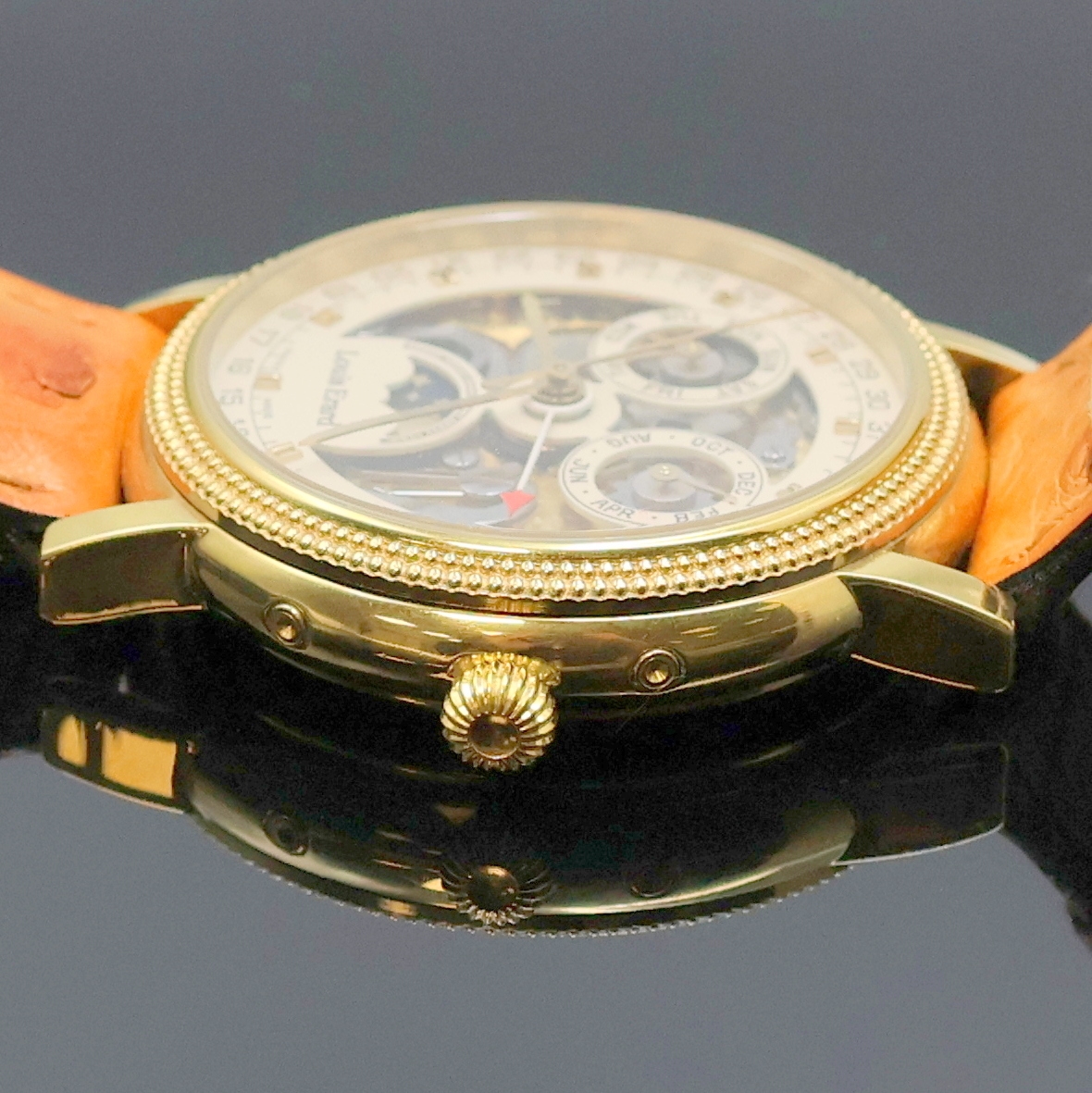 Detail c: LOUIS ERARD Armbanduhr Phase de Lune, Automatik, Schweiz um 2000, verg. Geh. inkl. orig. Lederband m. orig. Dornschl., beids. vergl., Boden aufgedr., ...