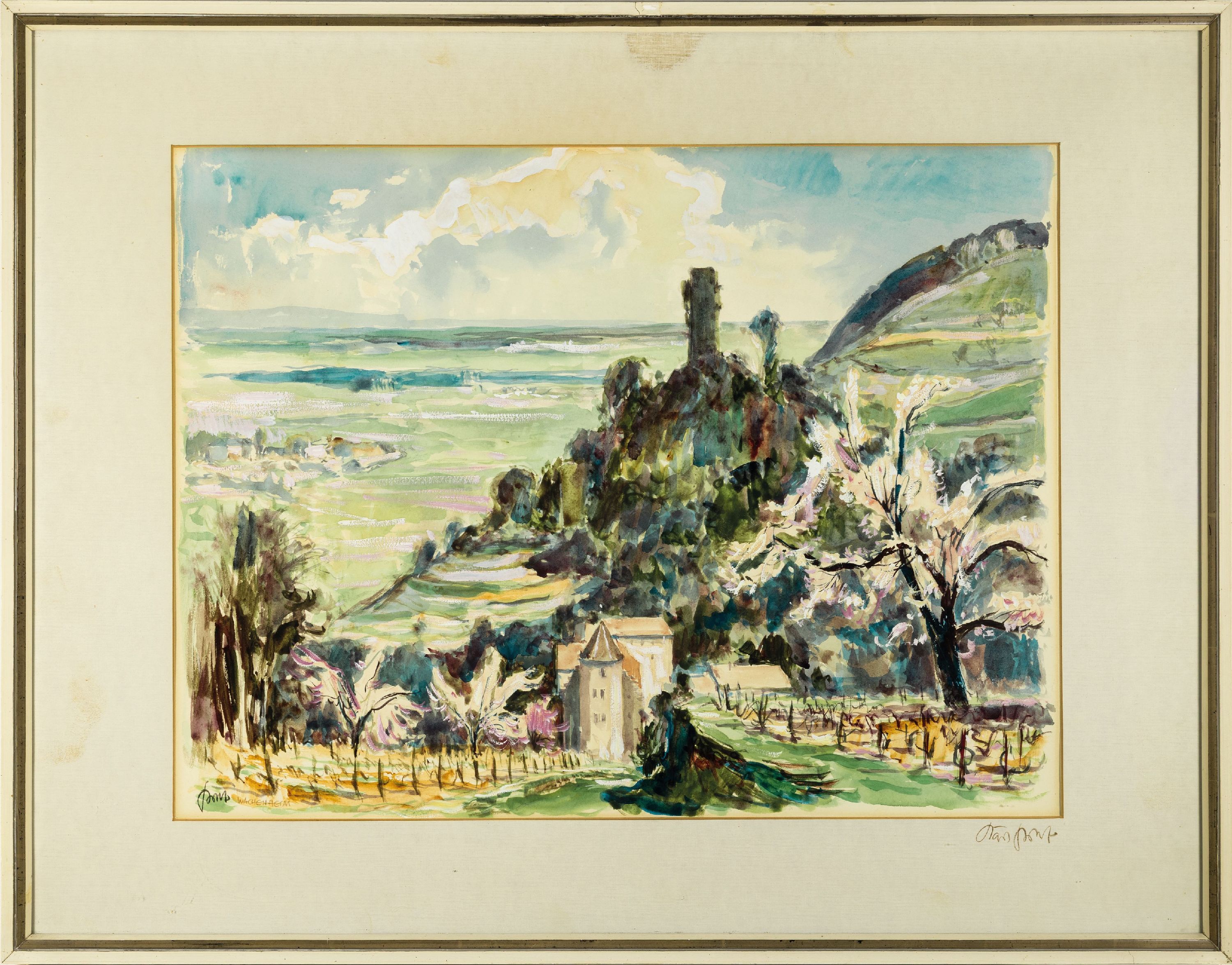 Detail k: Karl Graf, 1902 - 1986 Speyer, großformatiges Aquarell, Wachenheim, auf Papier, unter Glas, PP. mit Wasserschaden, ca. 48 x 63 cm, Rahmen ca. 68 x ...