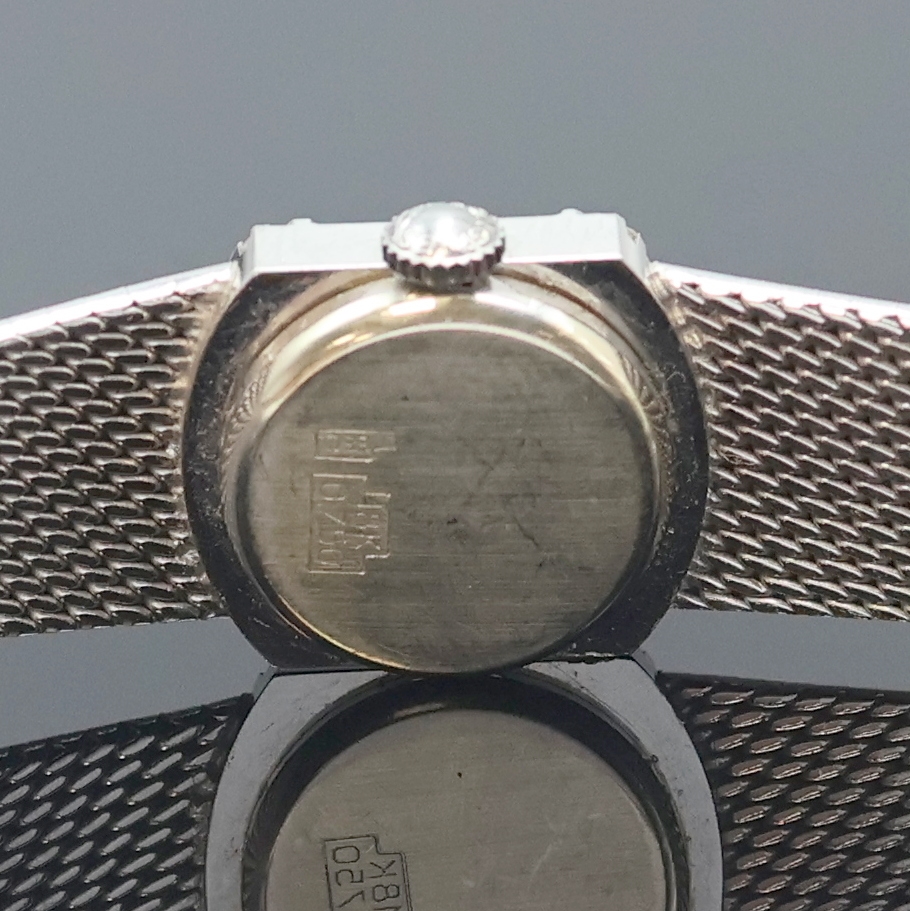 Detail d: LONGINES Damenarmbanduhr in WG 750/000 mit Diamanten, Schweiz um 1972, Handaufzug, Boden aufgedr., Geh. teilw. m. Diamanten bes., silb. Zifferbl. m. ...