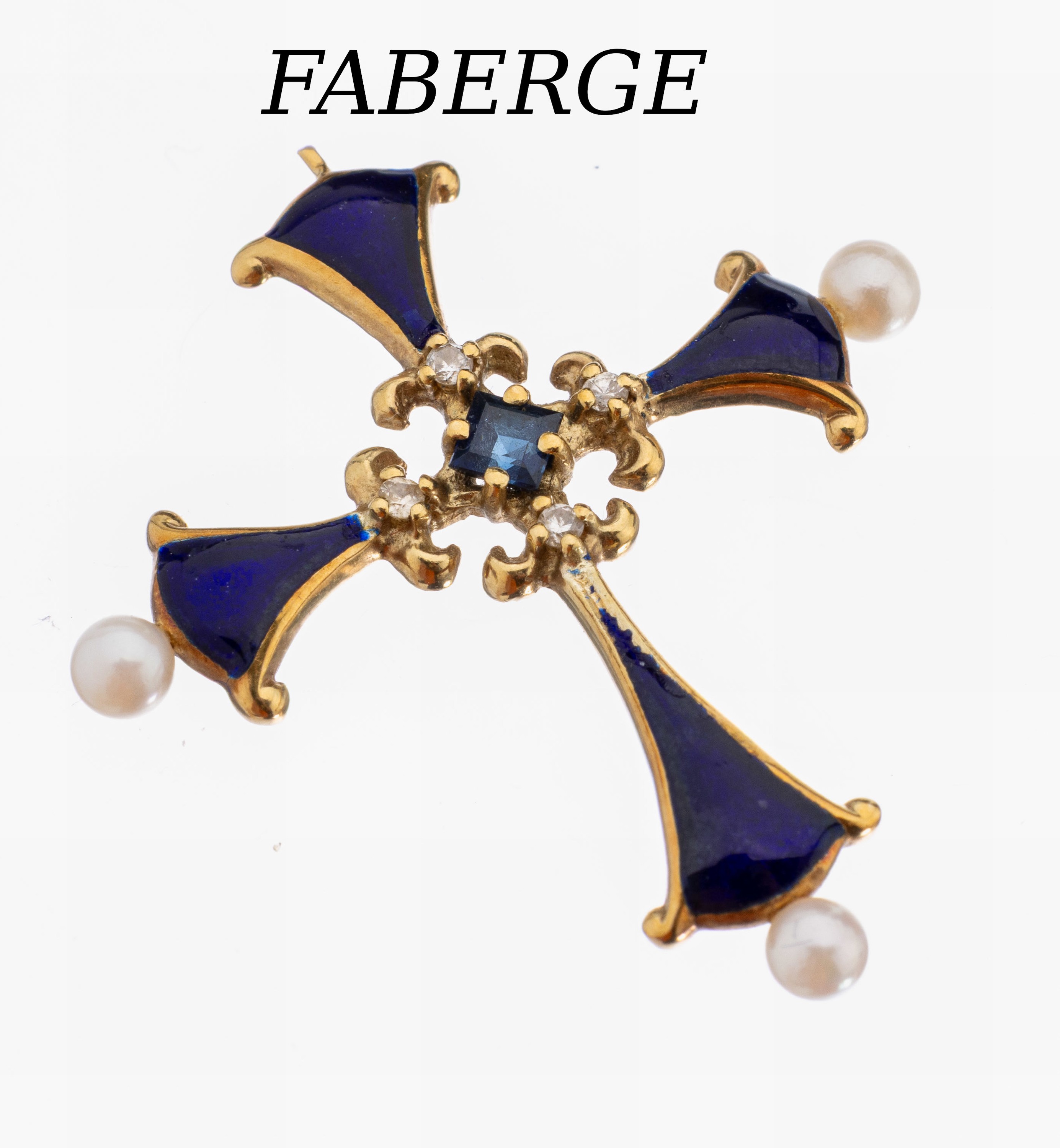 14 kt Gold FABERGE Brillant-Saphir- Kreuzanhänger, GG 585/000, transluzid königsblau emaill. (besch.), mittig facett. Saphir ca. 0.08 ct, 4 ...