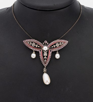 Image Farbstein-Perl-Collier, 925er Silber, im Stil des Jugendstils, Mittelteil bewegl. ...