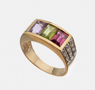 Image 9 kt Gold Farbstein-Ring, GG 375/000, 3 facett. Farbstein-Baguettes, Amethyst, ...