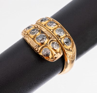 Image 18 kt gold diamond snakering, approx. 1900 , YG 750/000, 9 old cut diamonds total ...