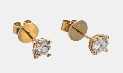 Image 26964192 - Paar 14 kt Gold Brillant-Ohrstecker, GG 585/000, 2 Brillanten zus. ca. 1.06 ct ...
