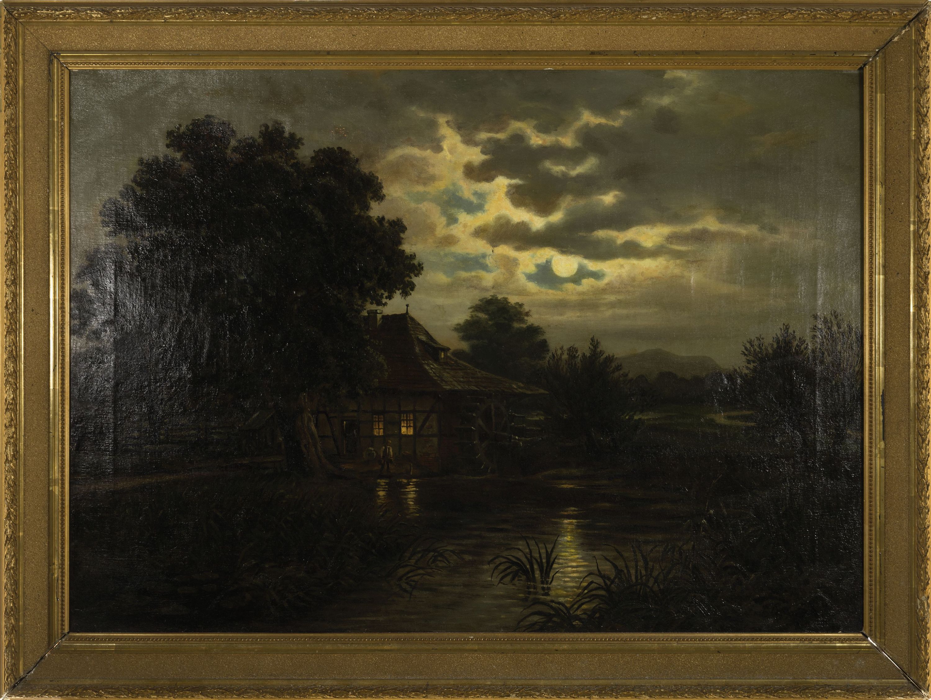 Detail k: Karl Julius Rose, 1828 Königsbruck-1911 München, rurale Vollmond Landschaft, rechts unten signiert, Öl/Lwd, 60x83 cm, l. rest., Rahmen 71x95 cm
