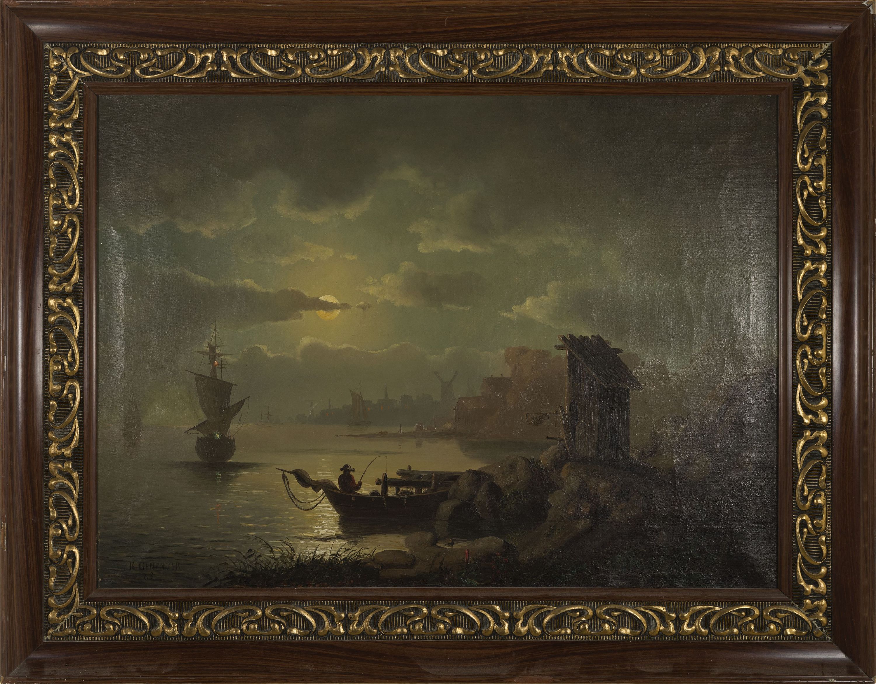 Detail k: Theodor Genenger, tätig zw. 1850-1873, deutsch, holländische Küstenlandschaft bei Vollmond, links unten signiert und datiert 1863, Öl/Lwd, 50x68 ...