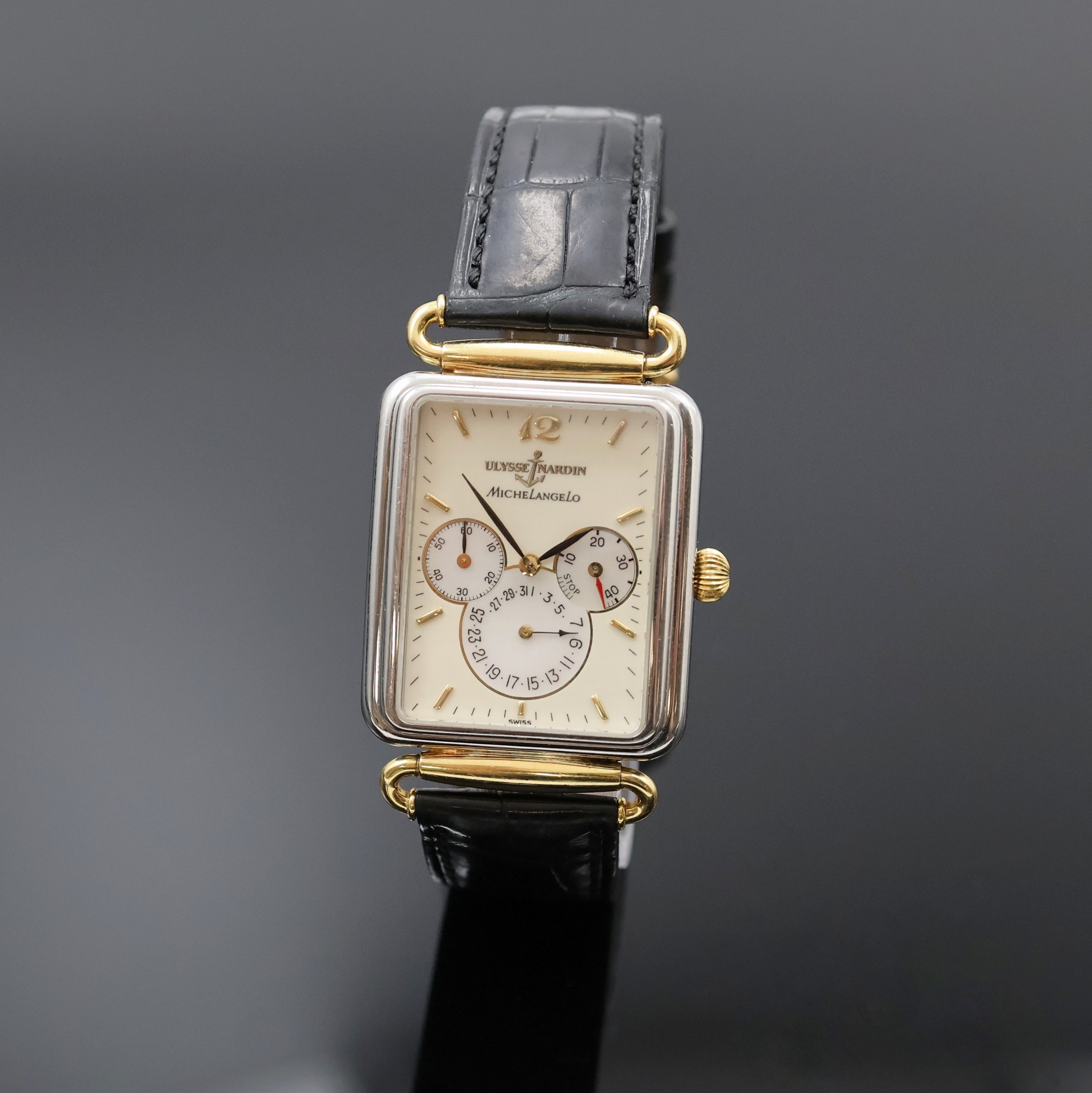 ULYSSE NARDIN Herrenarmbanduhr Modellserie Michel Angelo Referenz 174-44, Schweiz um 1990, Automatik, Edelstahlgeh. inkl. orig. Lederband m. orig. ...