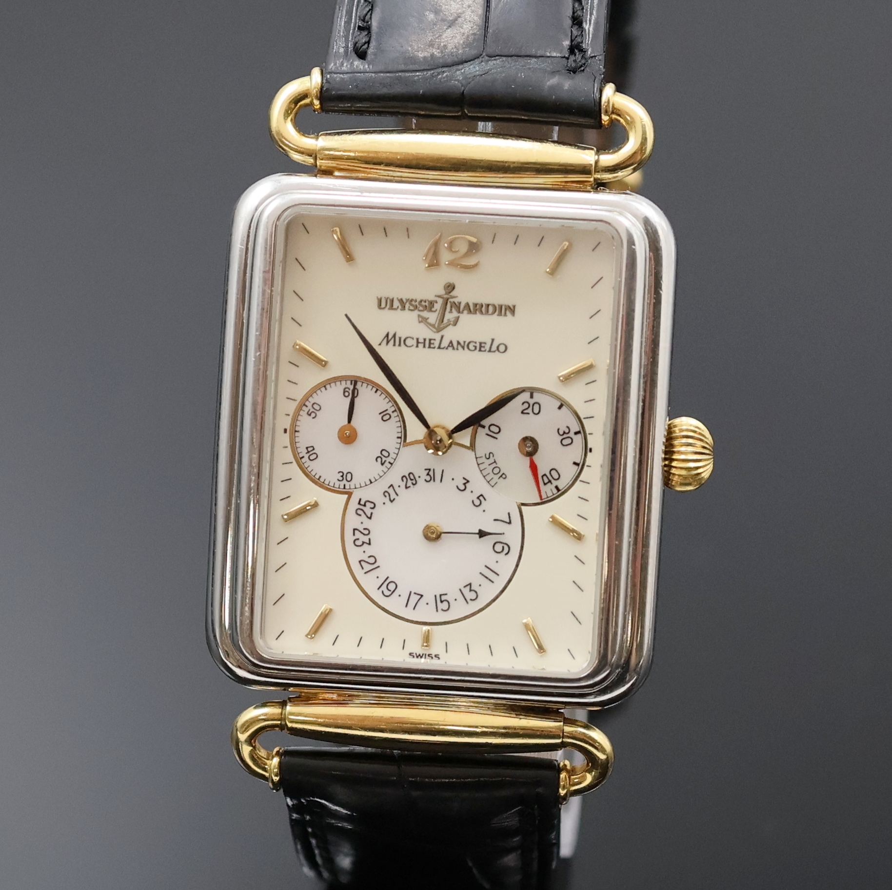 Detail a: ULYSSE NARDIN Herrenarmbanduhr Modellserie Michel Angelo Referenz 174-44, Schweiz um 1990, Automatik, Edelstahlgeh. inkl. orig. Lederband m. orig. ...