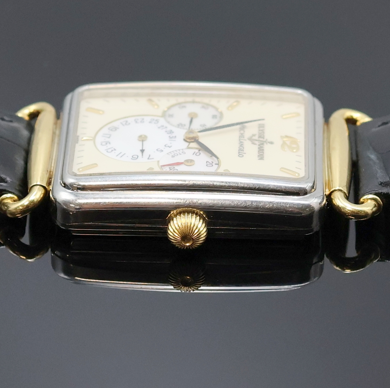 Detail c: ULYSSE NARDIN Herrenarmbanduhr Modellserie Michel Angelo Referenz 174-44, Schweiz um 1990, Automatik, Edelstahlgeh. inkl. orig. Lederband m. orig. ...