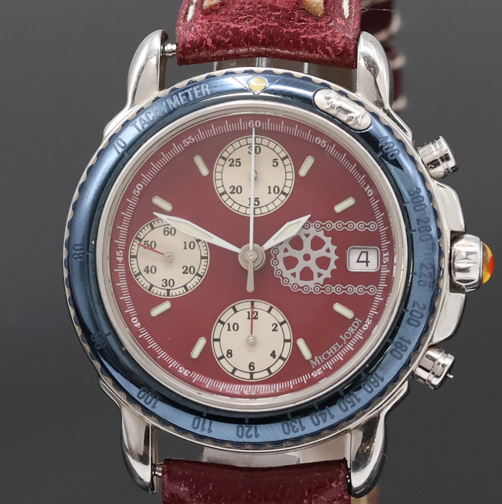 Detail a: MICHEL JORDI auf 299 Stück limitierter Armbandchronograph Ethno Chrono, Automatik, Schweiz um 1991, Edelstahlgeh. inkl. orig. Lederband m. orig. ...