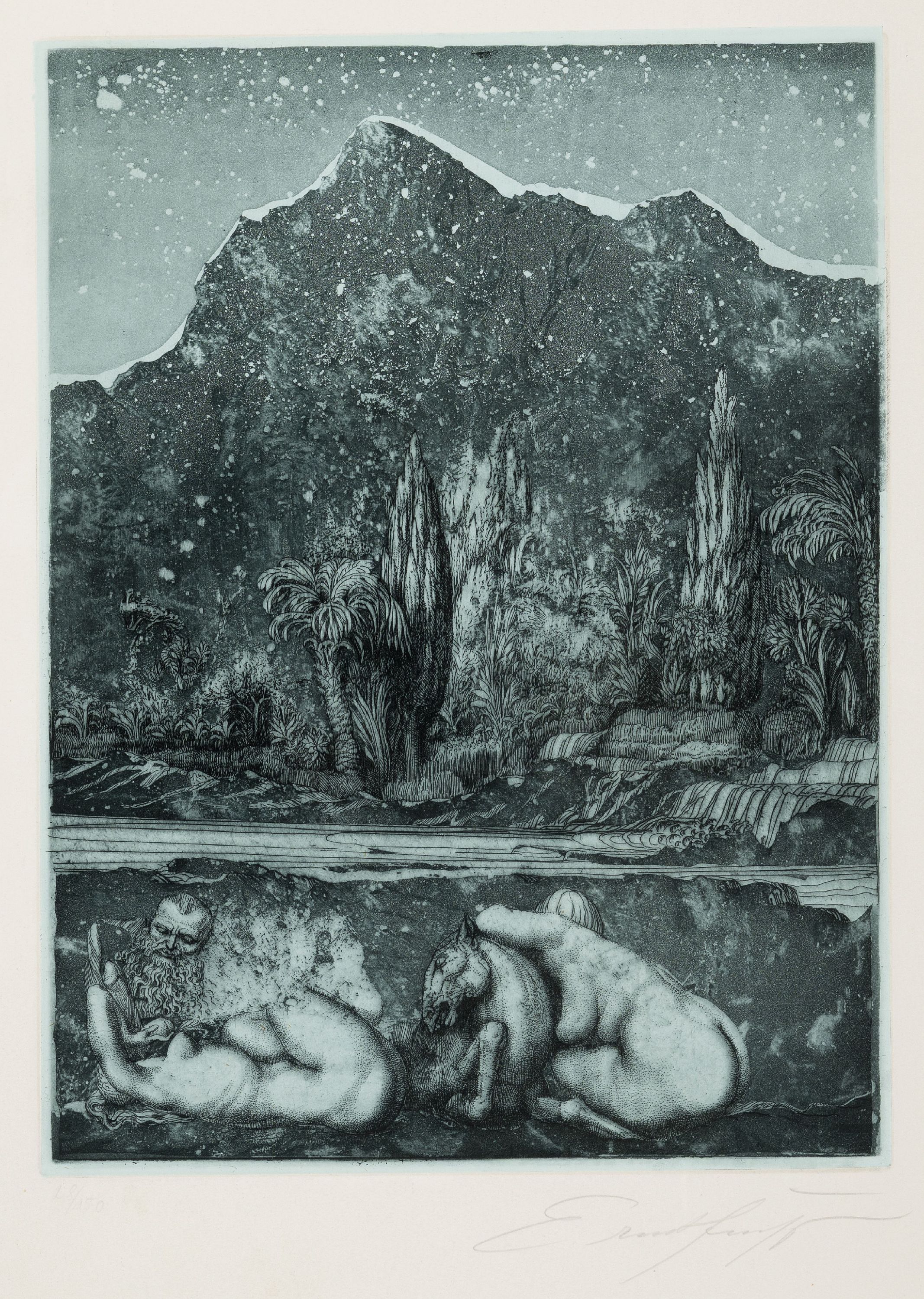 Detail a: Ernst Fuchs, 1930-2015 Wien, 4 Radierungen, ohne Titel, bez. "Einer von 20 in verschiedenen Farben"; nächtliche Landschaft, Ed. 28/150; ...