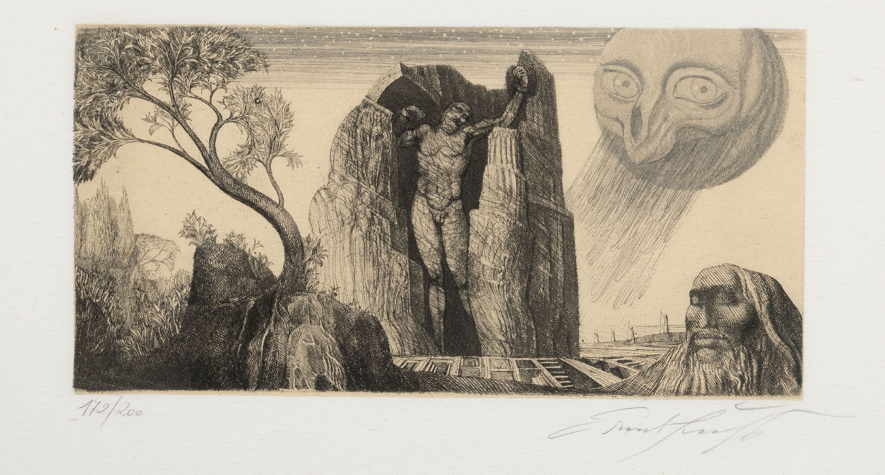 Detail b: Ernst Fuchs, 1930-2015 Wien, 4 Radierungen, ohne Titel, bez. "Einer von 20 in verschiedenen Farben"; nächtliche Landschaft, Ed. 28/150; ...