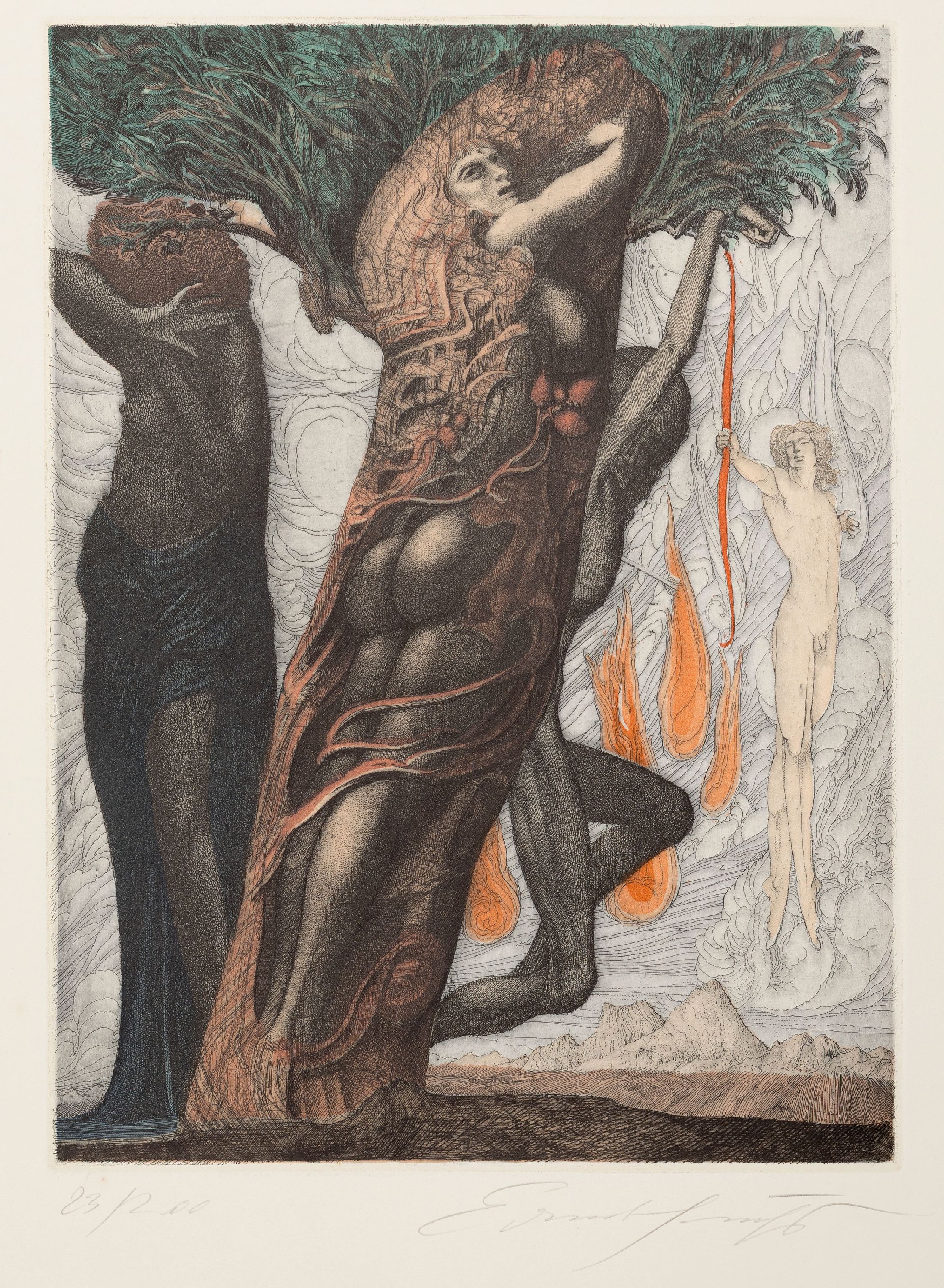 Detail d: Ernst Fuchs, 1930-2015 Wien, 4 Radierungen, ohne Titel, bez. "Einer von 20 in verschiedenen Farben"; nächtliche Landschaft, Ed. 28/150; ...
