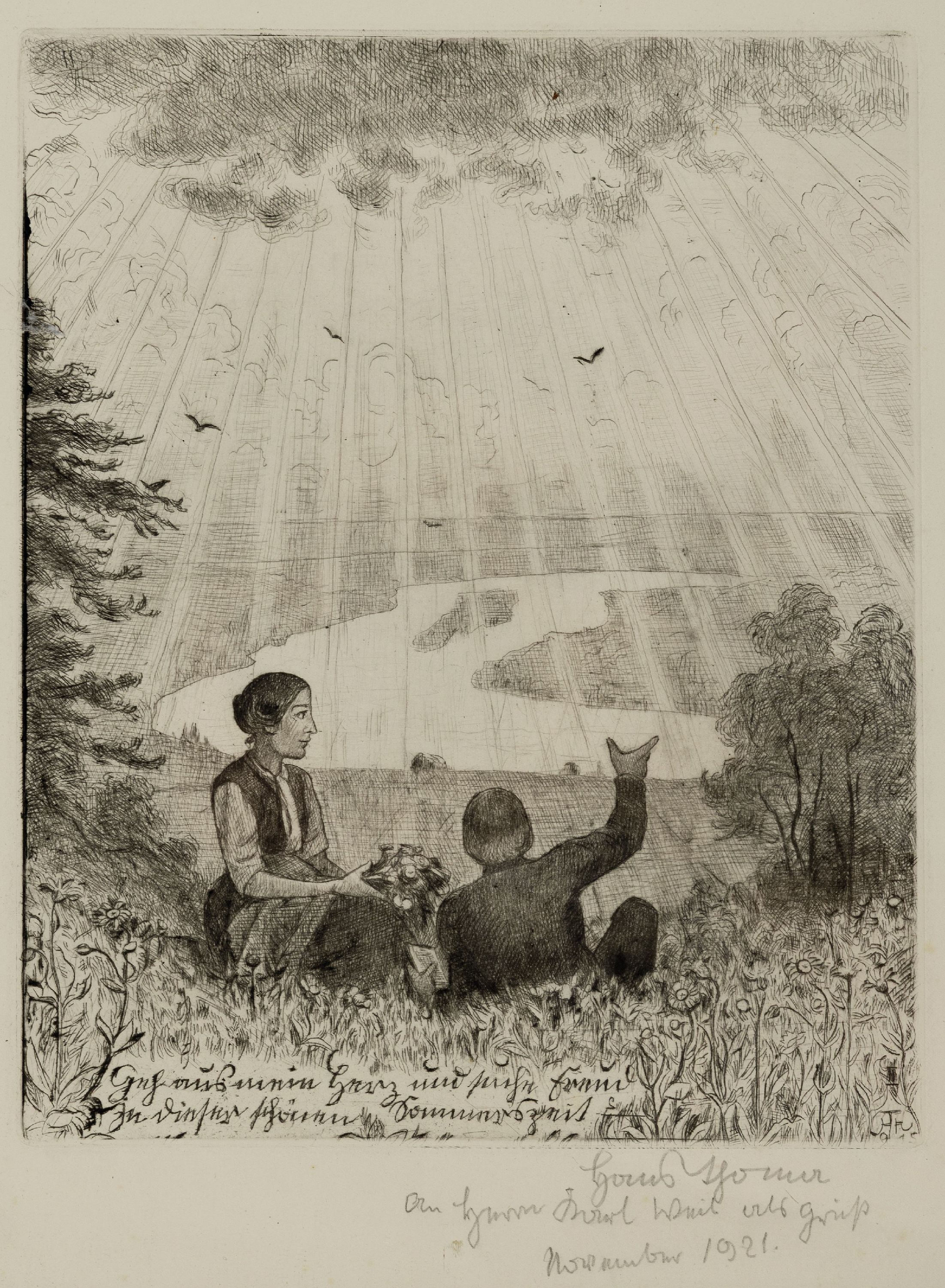 Hans Thoma, 1839 Bernau-1924 Karlsruhe, Geh aus mein Herz..., Radierung, ca. 24.5x19.5cm, darunter handsigniert und mit handschriftl. Widmung von ...
