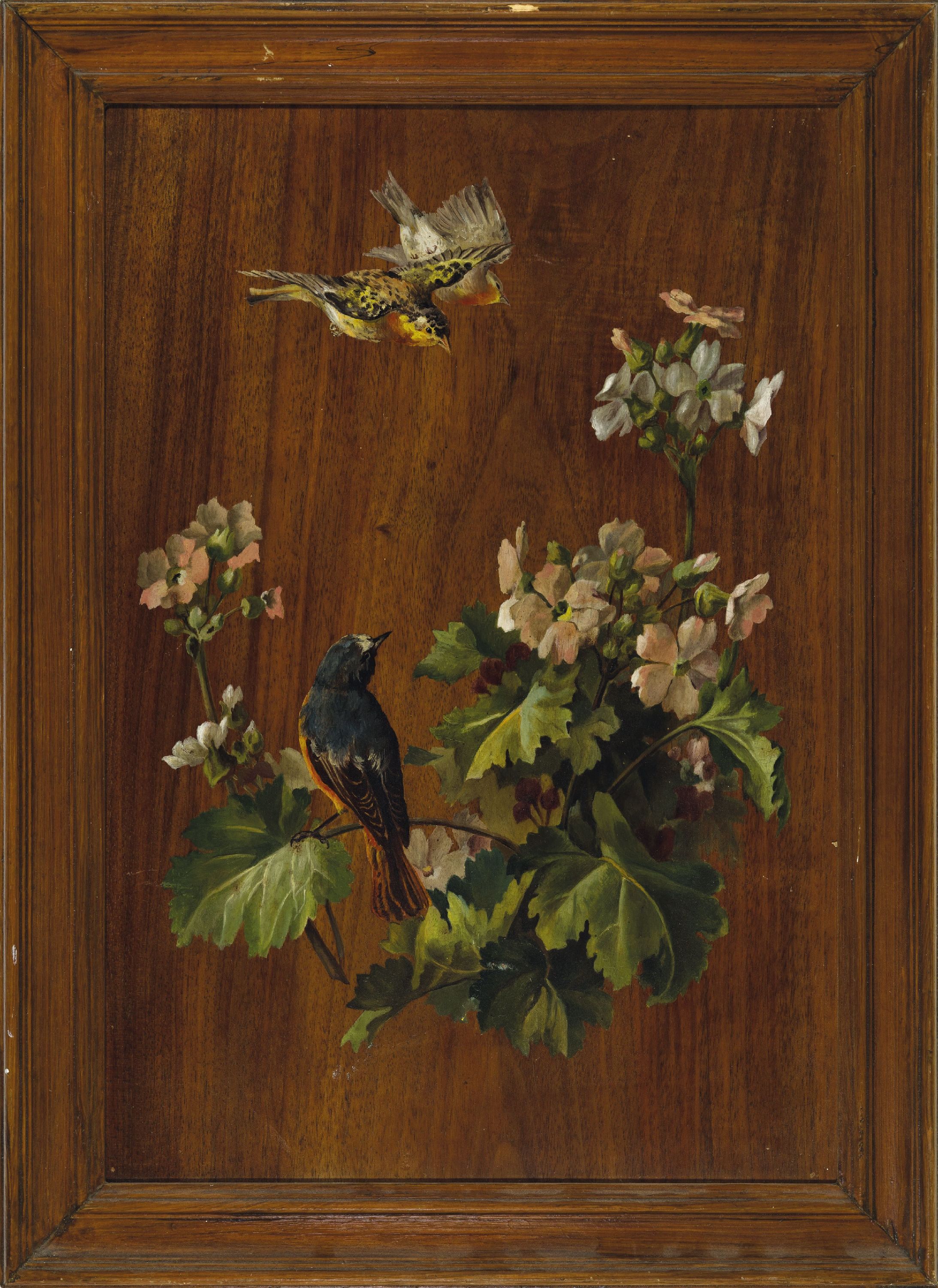 Unbekannter Maler des 19. Jh., Stillleben mit Blumen und Vögel in trompe-d' oeuil Manier, Öl/Holz, die Holzmaserung als Untergrund, ca. ...