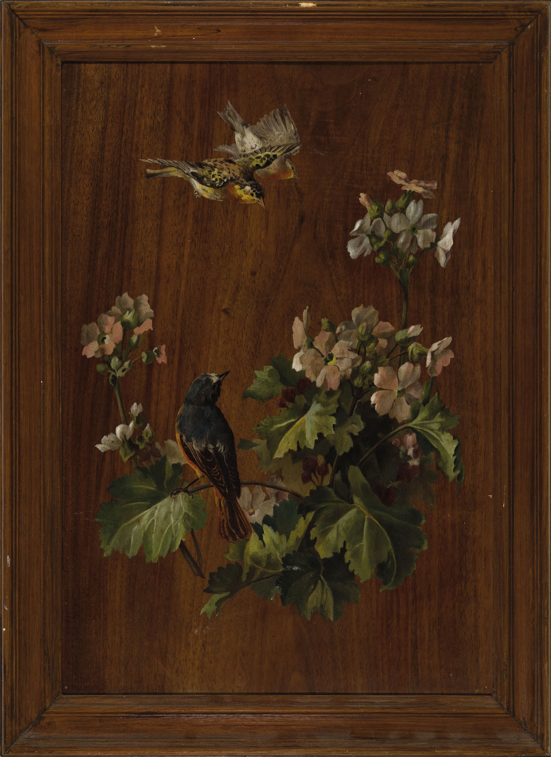 Detail k: Unbekannter Maler des 19. Jh., Stillleben mit Blumen und Vögel in trompe-d' oeuil Manier, Öl/Holz, die Holzmaserung als Untergrund, ca. ...