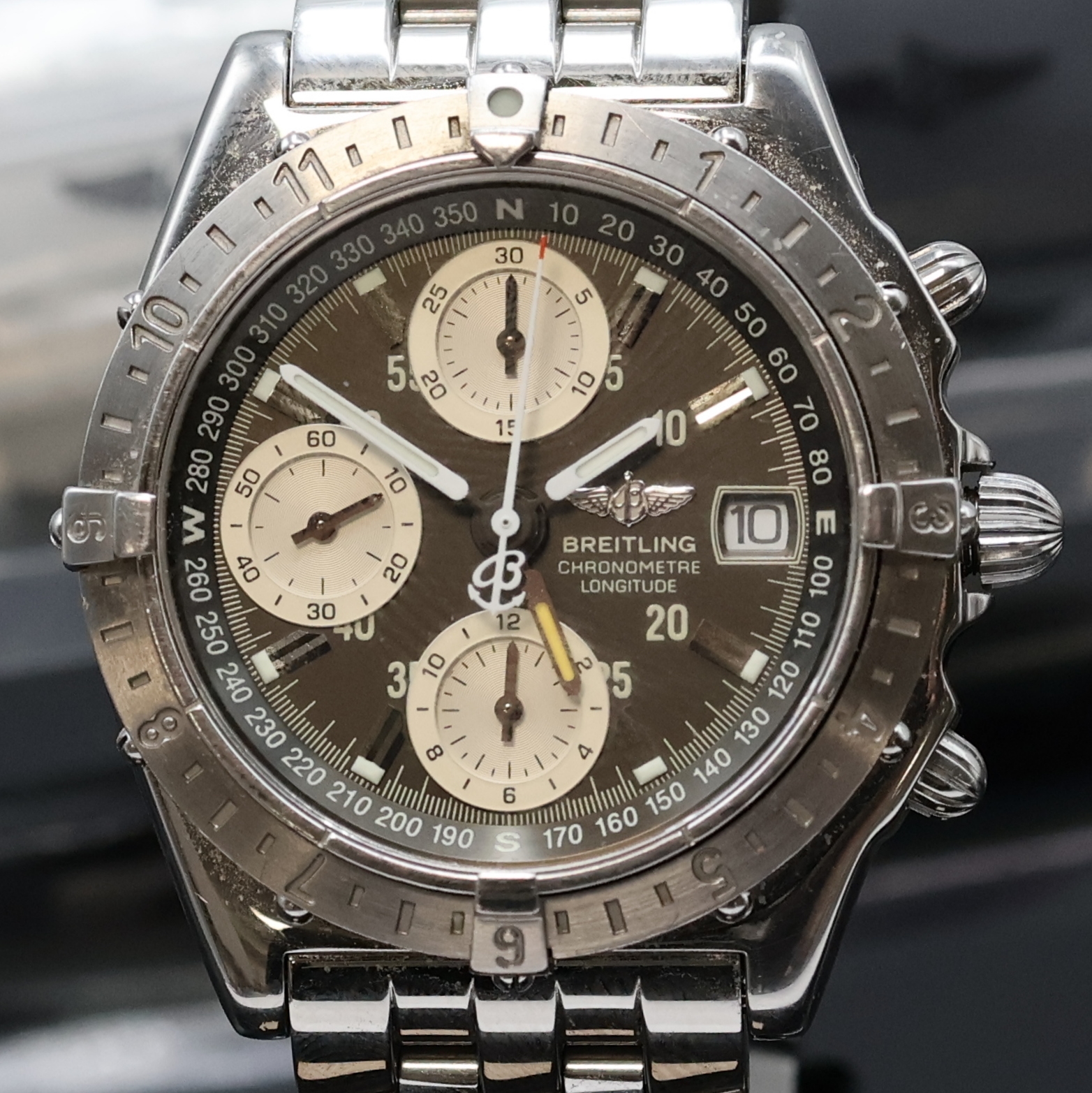 Detail a: BREITLING Chronomat Longitude Chronometer Armbandchronograph in Stahl Referenz A20348, Schweiz um 2000, Automatik, Boden u. Krone verschr., Pilotband ...