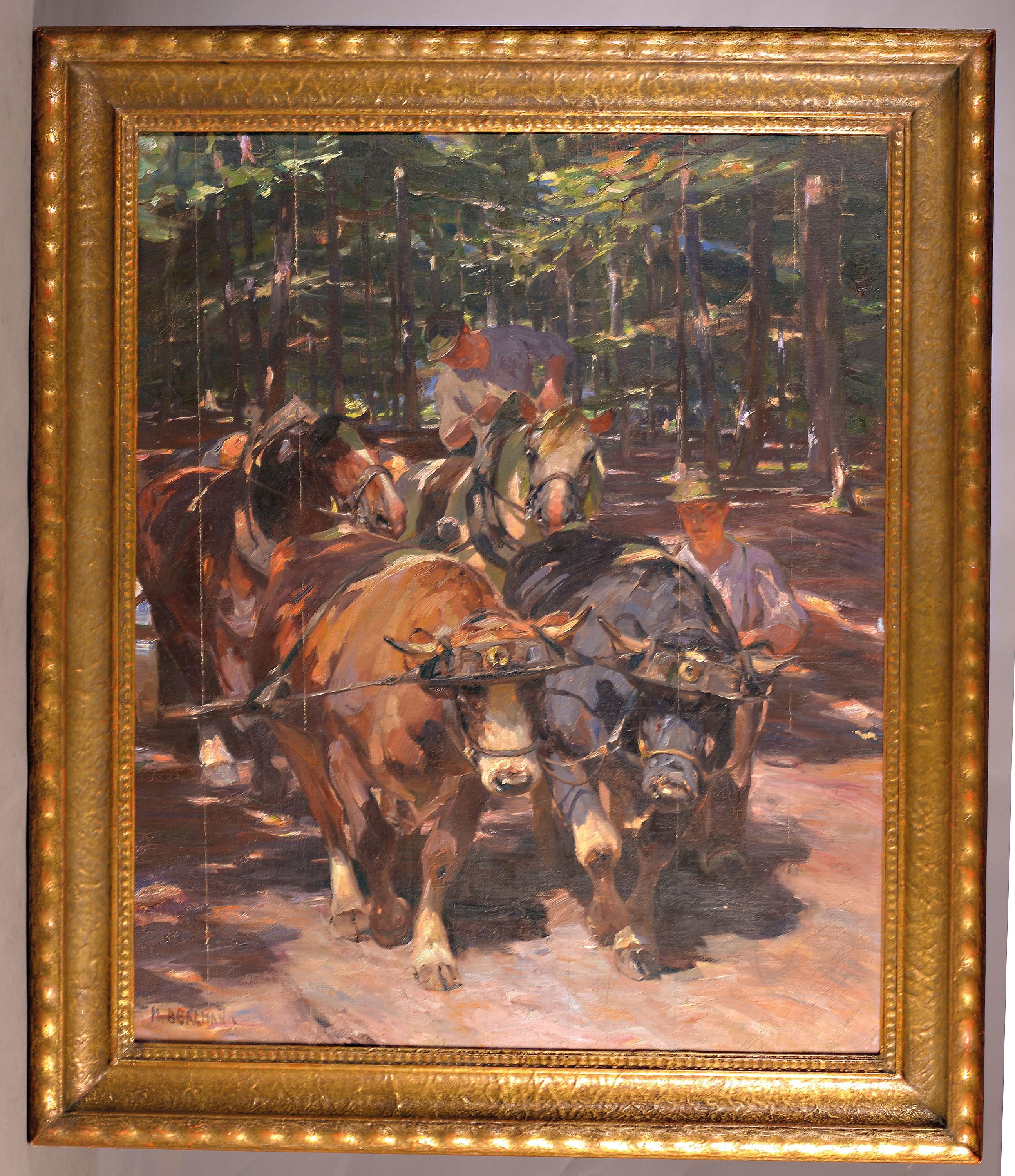 Detail k: Max Bergmann, 1884 Fürstenberg-1955 Haimhausen, zwei Bauern mit einem Gespann aus Ochsen und Pferden, aus dem Wald ins Licht tretend, Öl/Lwd/Holz, ...