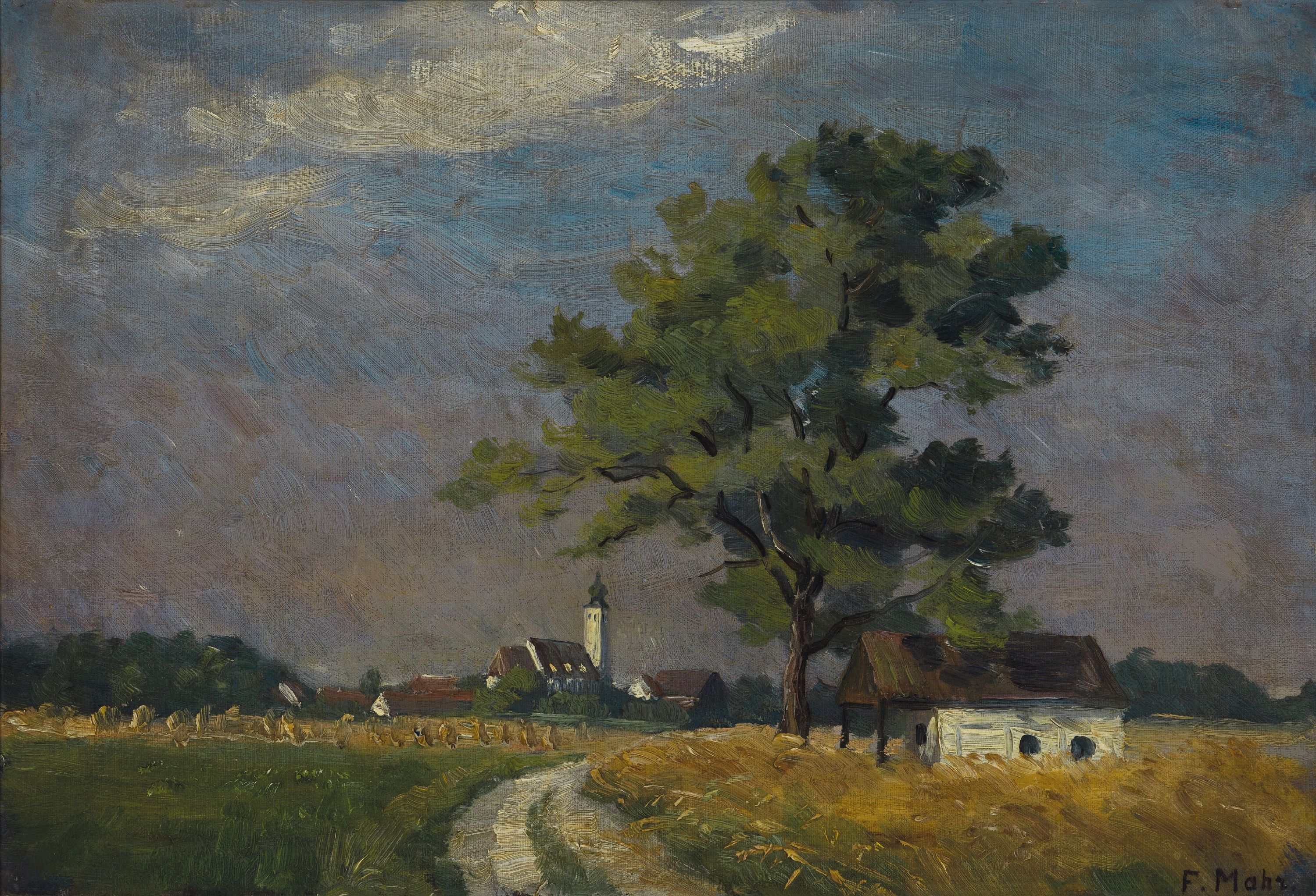 Frieda Mahr, 1881 Cadolzburg-1925 München, Sommermorgen, rückseitig auf altem Etikett so betitelt, Öl/Malkarton, rechts unten sign., ca. 32x47cm, ...