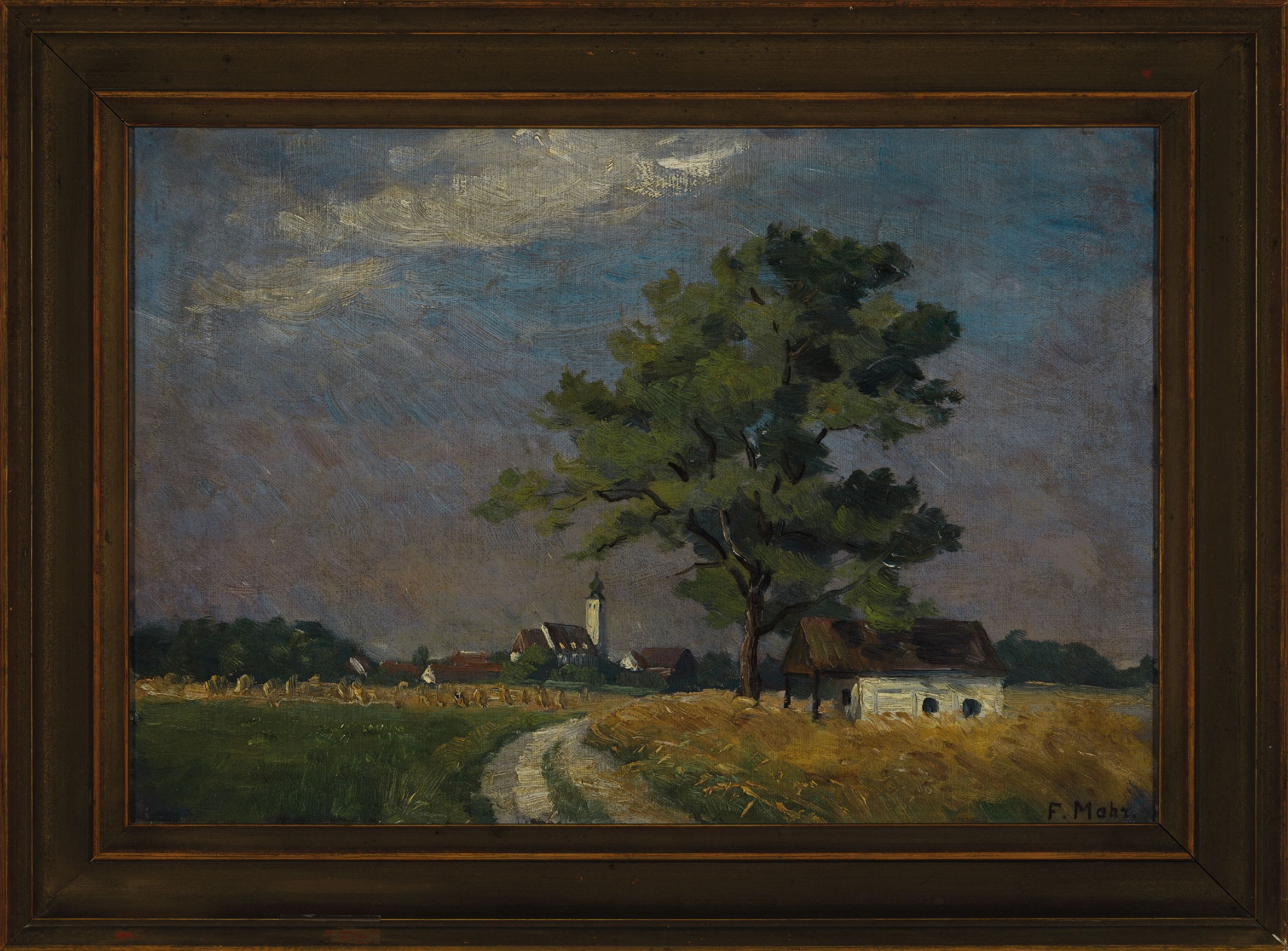 Detail k: Frieda Mahr, 1881 Cadolzburg-1925 München, Sommermorgen, rückseitig auf altem Etikett so betitelt, Öl/Malkarton, rechts unten sign., ca. 32x47cm, ...