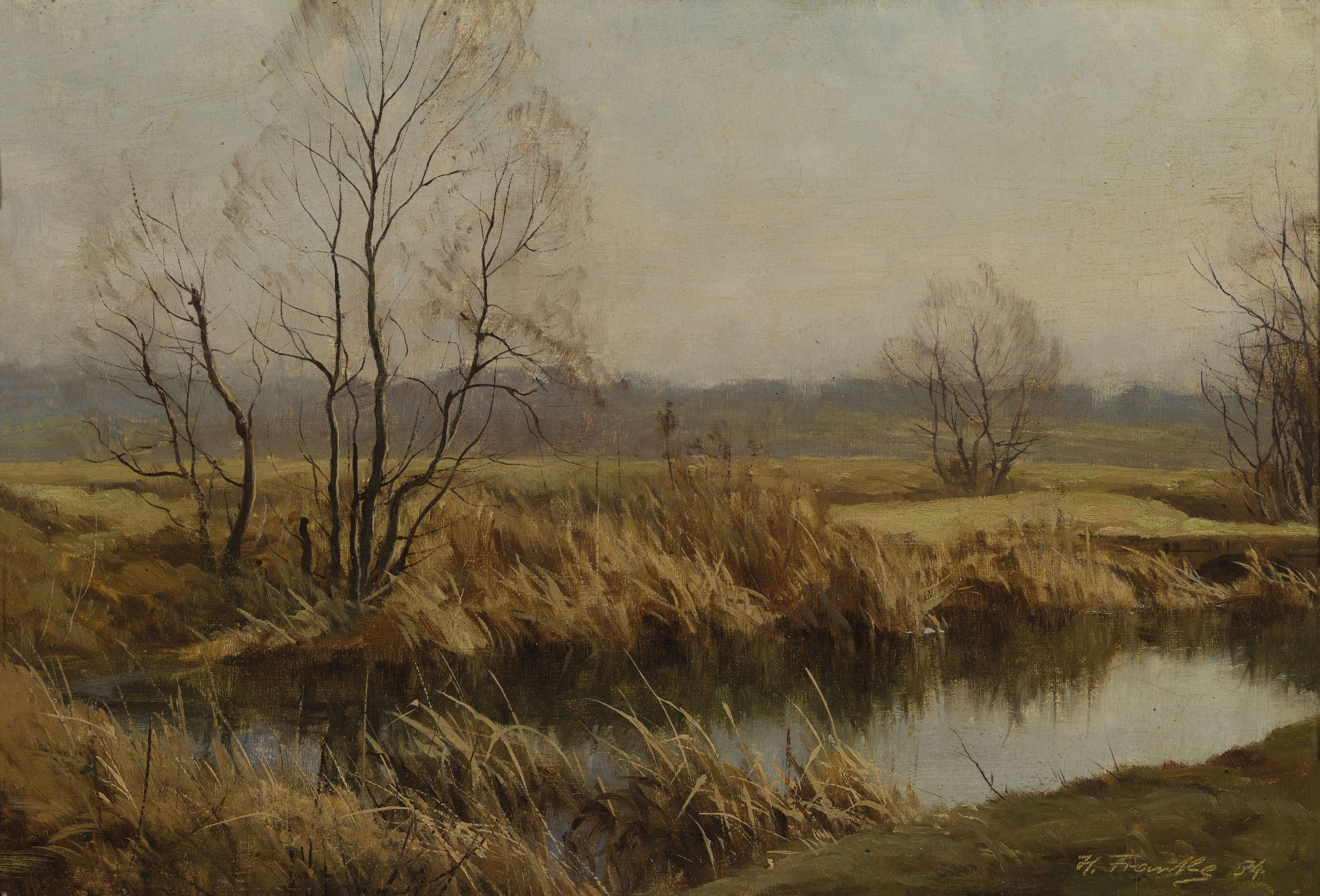 Hanny Franke, 1890 Koblenz-1973 Frankfurt/Main, An der Nidda, rückseitig so betitelt, Öl/Malkarton, rechts unten sign. und dat. 34, ca. 25x37cm, R. ...