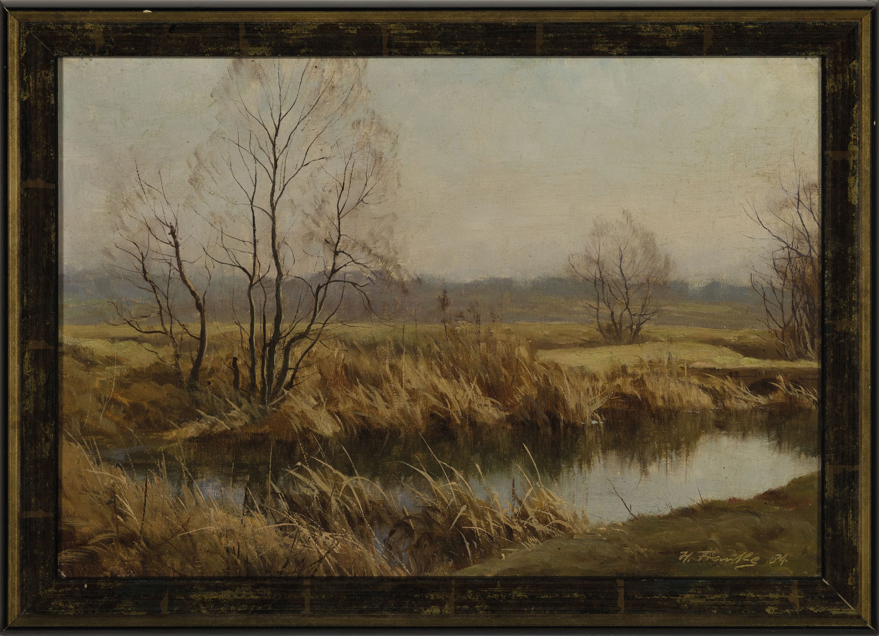 Detail k: Hanny Franke, 1890 Koblenz-1973 Frankfurt/Main, An der Nidda, rückseitig so betitelt, Öl/Malkarton, rechts unten sign. und dat. 34, ca. 25x37cm, R. ...