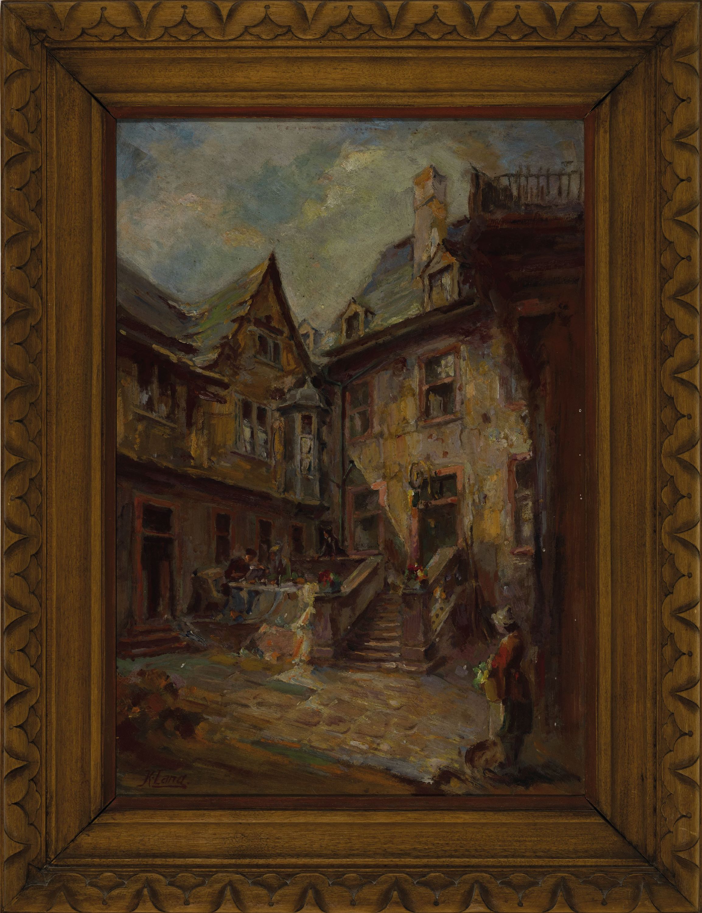 Detail k: Karl Lang, geb. 1911 Mainz, Ansicht aus dem Hänleingäßchen in der Mainzer Altstadt, Öl/ Hartfaser, rückseitig betitelt Hänleiner Hof im ...