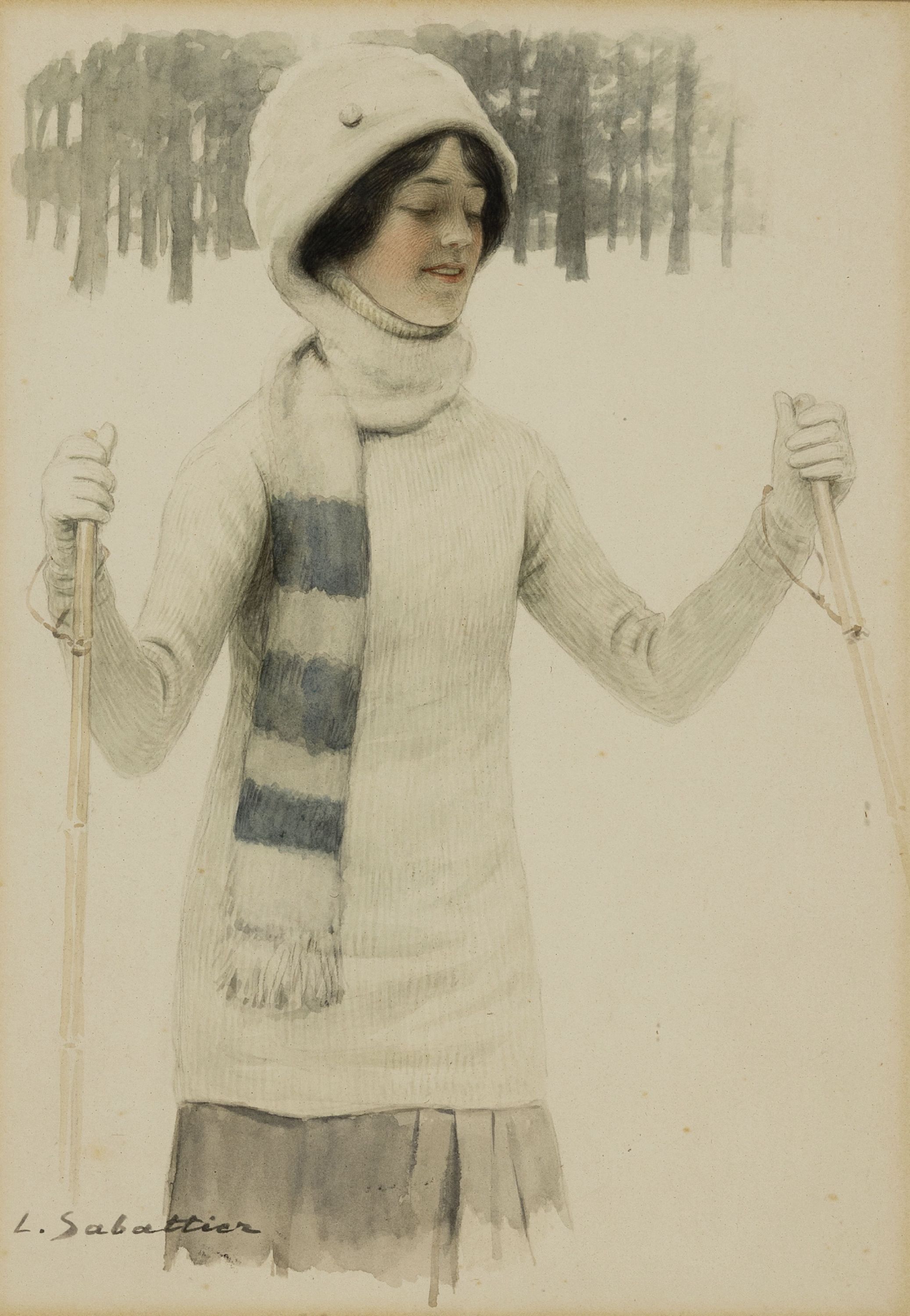 Louis Remy Sabattier, 1863 Annonay-1935 Nizza, aquarellierte Zeichnung, junge Frau im Schneeanzug beim Skifahren, links unten signiert L.Sabattier, ...