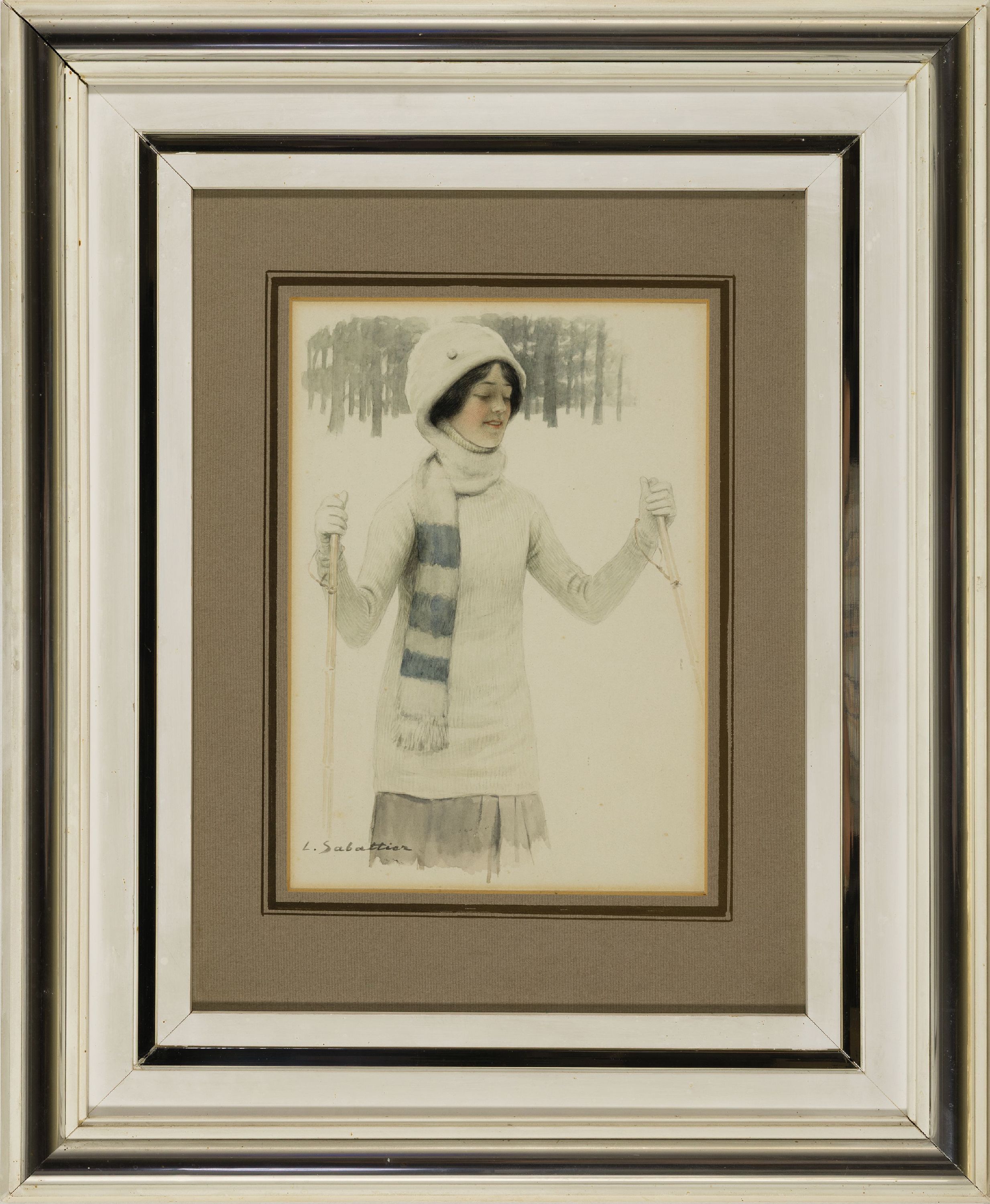 Detail k: Louis Remy Sabattier, 1863 Annonay-1935 Nizza, aquarellierte Zeichnung, junge Frau im Schneeanzug beim Skifahren, links unten signiert L.Sabattier, ...