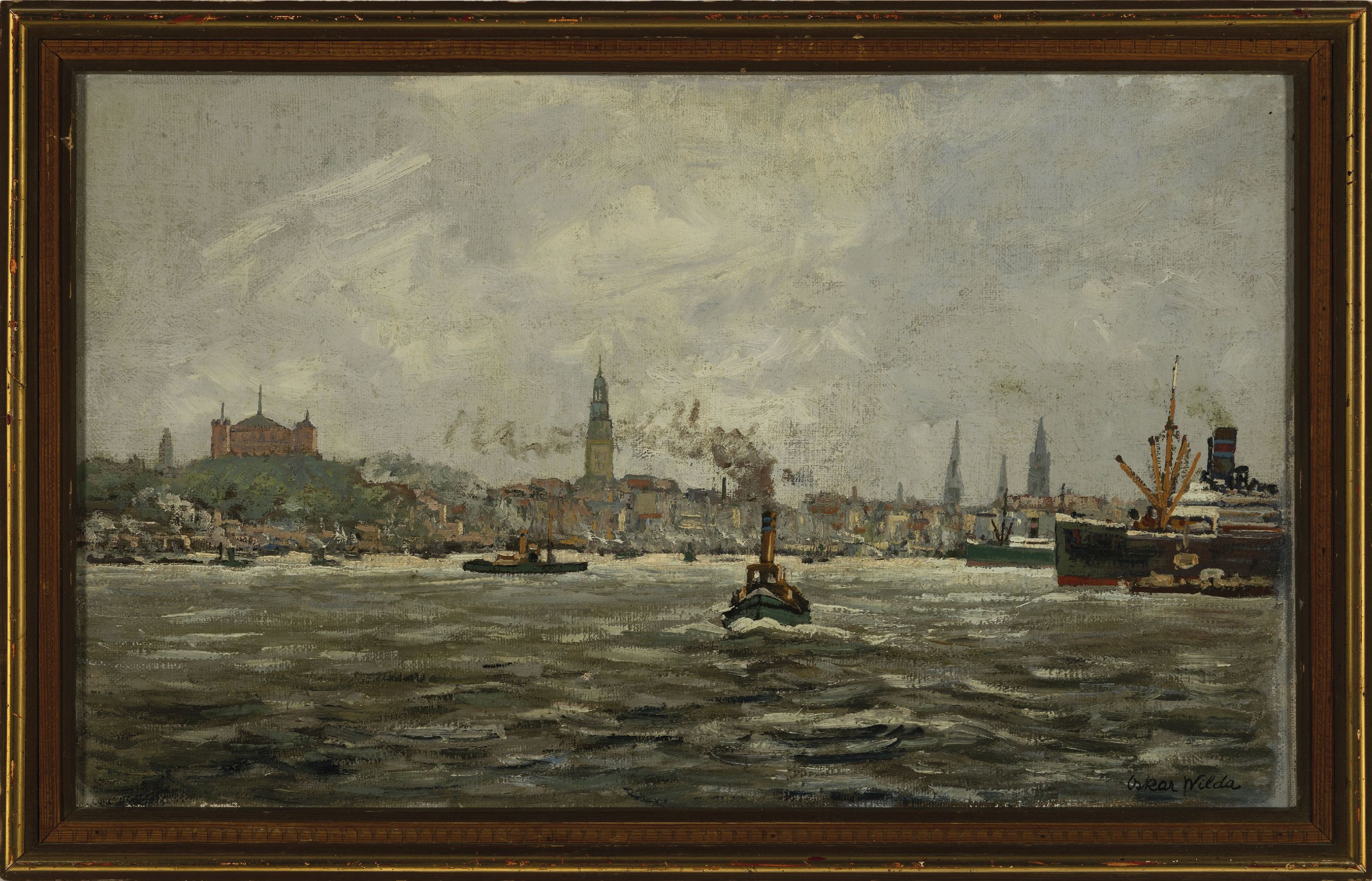 Detail k: Oskar Wilda, 1886 Dresden-1956, Ansicht vom Hamburger Hafen, Öl/Hartfaser, rechts unten signiert, ca. 40x65cm, R. ca. 44x68cm