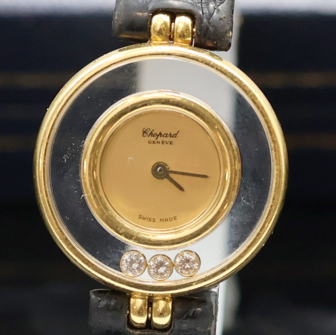 Detail a: CHOPARD Damenarmbanduhr Serie Happy Diamonds in GG 750/000 Referenz 4112, Schweiz um 1990, quarz, beids. vergl. Geh. inkl. orig. Lederband m. verg. ...