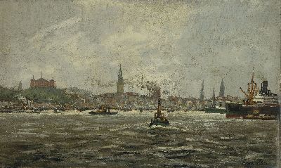 Image Oskar Wilda, 1886 Dresden-1956, Ansicht vom Hamburger Hafen, Öl/Hartfaser, rechts ...
