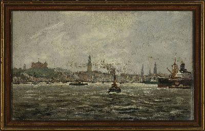 26964362k - Oskar Wilda, 1886 Dresden-1956, Ansicht vom Hamburger Hafen, Öl/Hartfaser, rechts ...