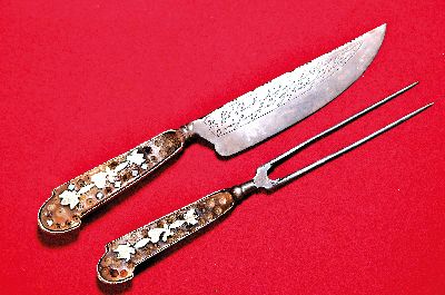 Image 26964399 - Zweiteiliges Jagdbesteck, Barock, 18. Jh., Griffe mit Metall- und Perlmutteinlagen in ...