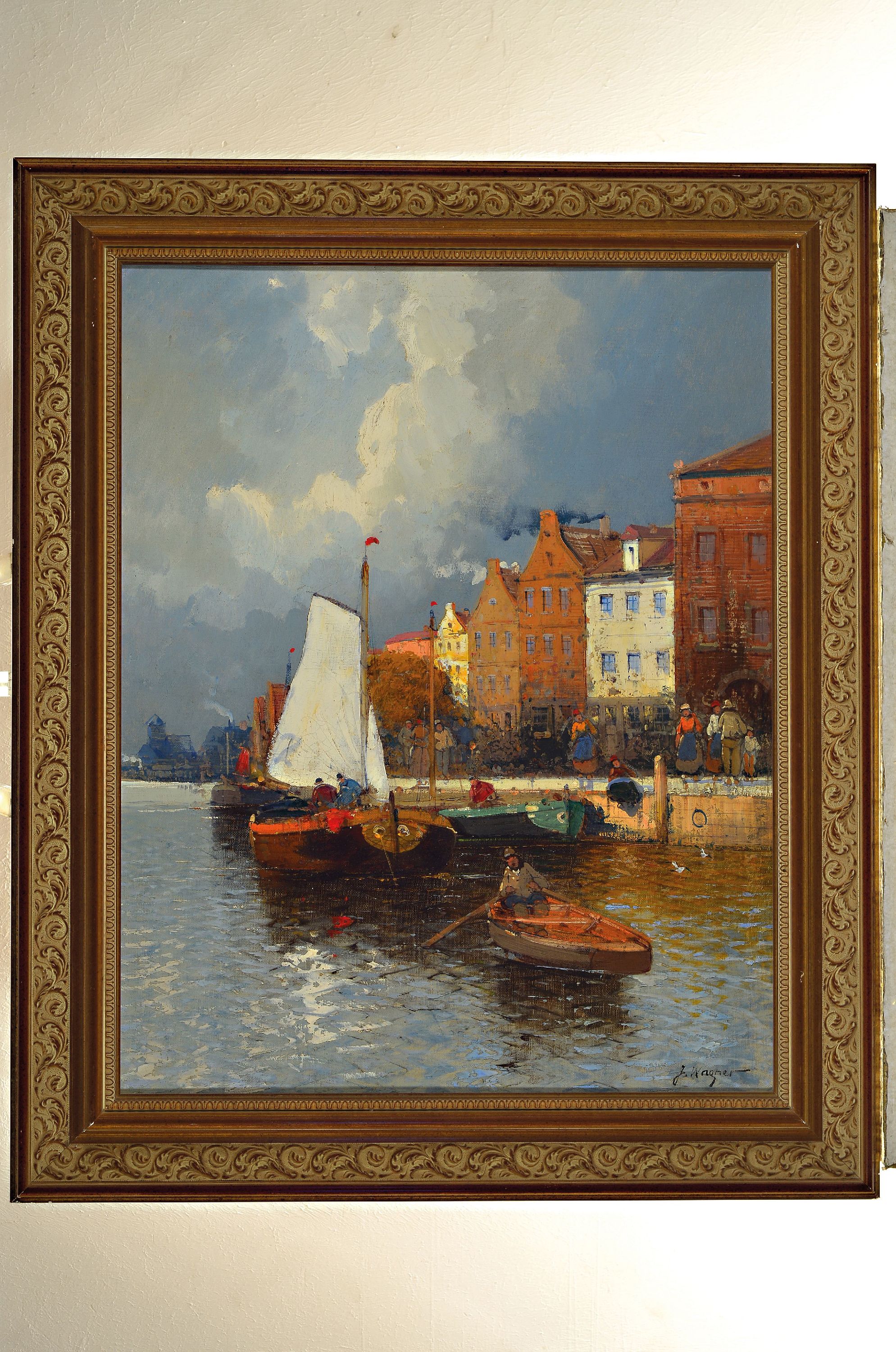Detail k: Georg Fischoff, 1849 Wien - 1920 ebenda, signiert J. Wagner, Stadtansicht mit Fischer und Hafen, Öl/Holz, 70 x 50 cm, Rahmen