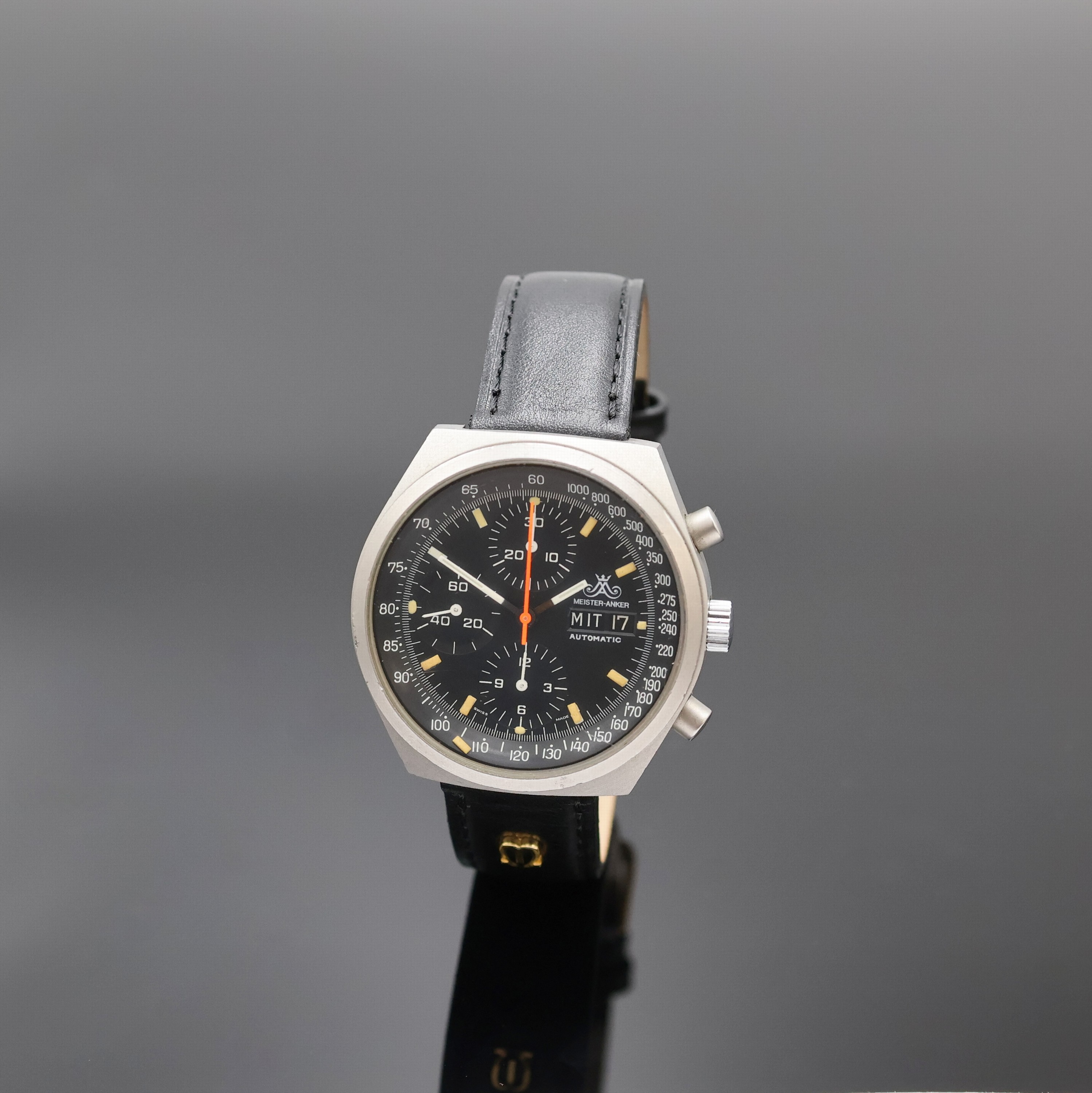 MEISTER-ANKER Armbandchronograph, Deutschland/Schweiz um 1990, Automatik, massives Edelstahlgeh., Boden verschr., schwarzes Zifferbl. m. ...