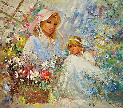 Image Rahanavadkar Madjid, 1943 - 2020 Teheran, zwei Mädchen mit Blumen, Öl/Lwd, ...