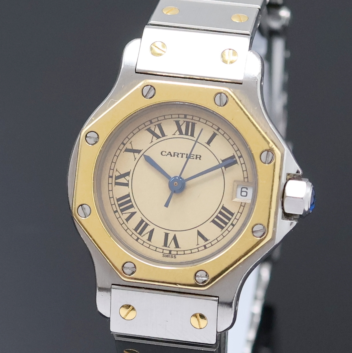 Detail a: CARTIER Damenarmbanduhr Santos Ronde Referenz 187903, Schweiz um 1990, Edelstahl/Gold kombiniert inkl. Gliederband m. Faltschl., quarz, Boden 4-fach ...
