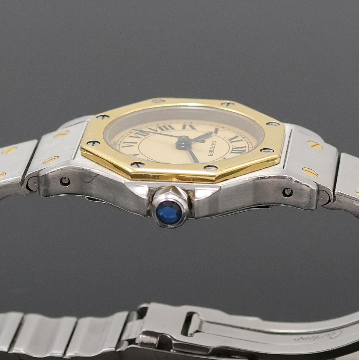 Detail c: CARTIER Damenarmbanduhr Santos Ronde Referenz 187903, Schweiz um 1990, Edelstahl/Gold kombiniert inkl. Gliederband m. Faltschl., quarz, Boden 4-fach ...