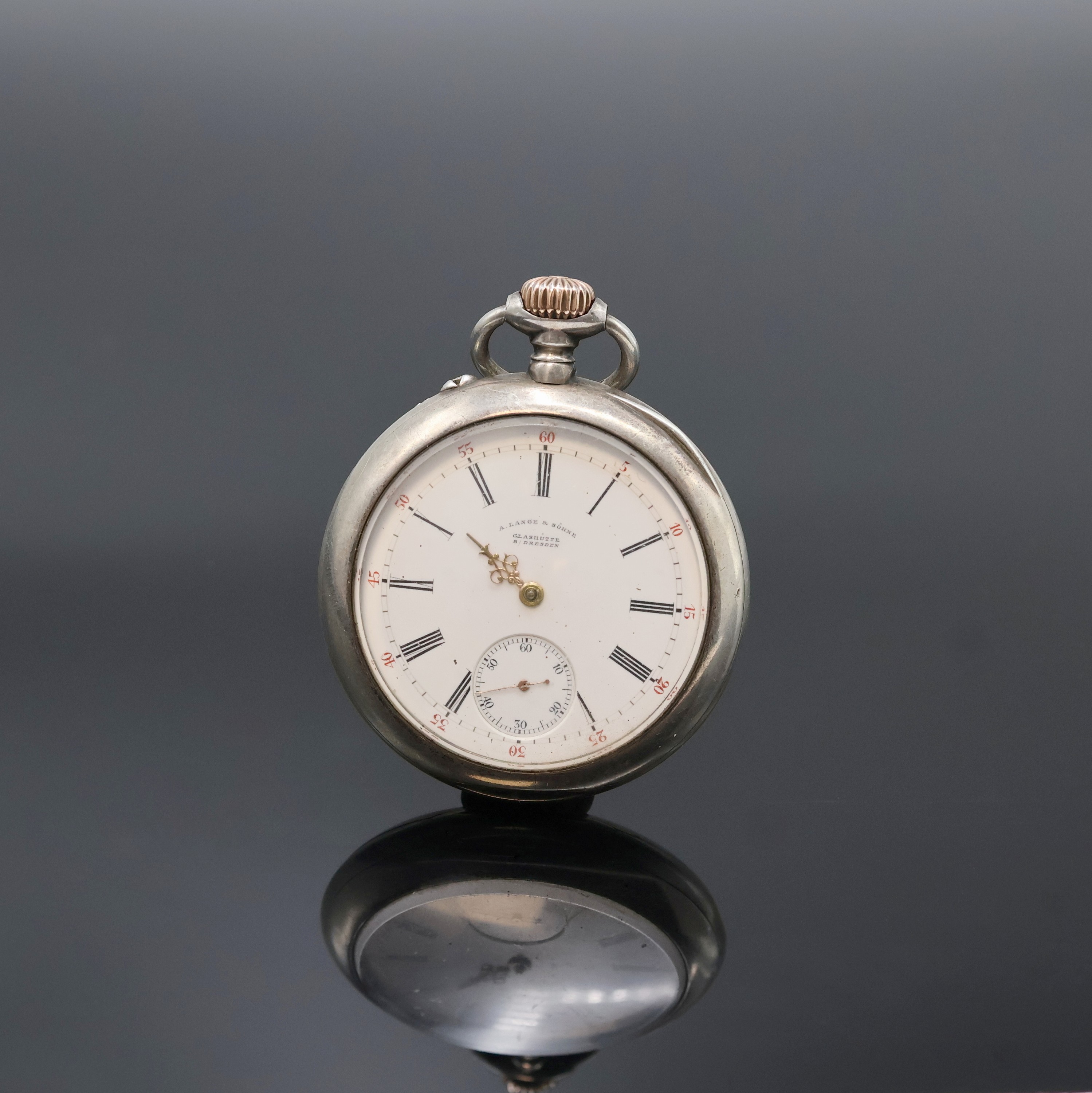 A. LANGE & SÖHNE große, offene Herrentaschenuhr in 900er Silber, Deutschland um 1905, glattes Lucia-Geh. dell., Goldscharniere, 2-tlg. ...