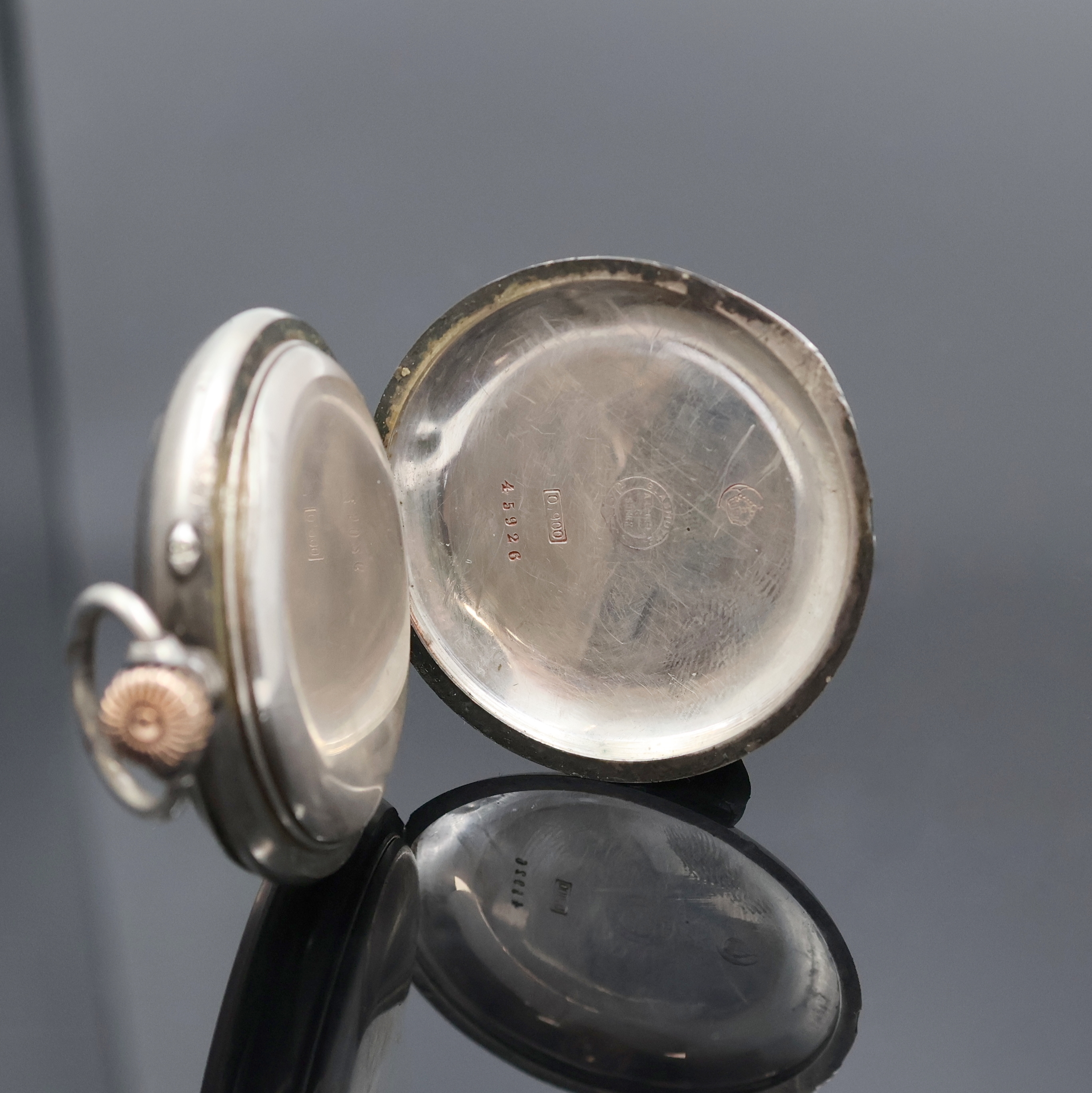 Detail c: A. LANGE & SÖHNE große, offene Herrentaschenuhr in 900er Silber, Deutschland um 1905, glattes Lucia-Geh. dell., Goldscharniere, 2-tlg. ...