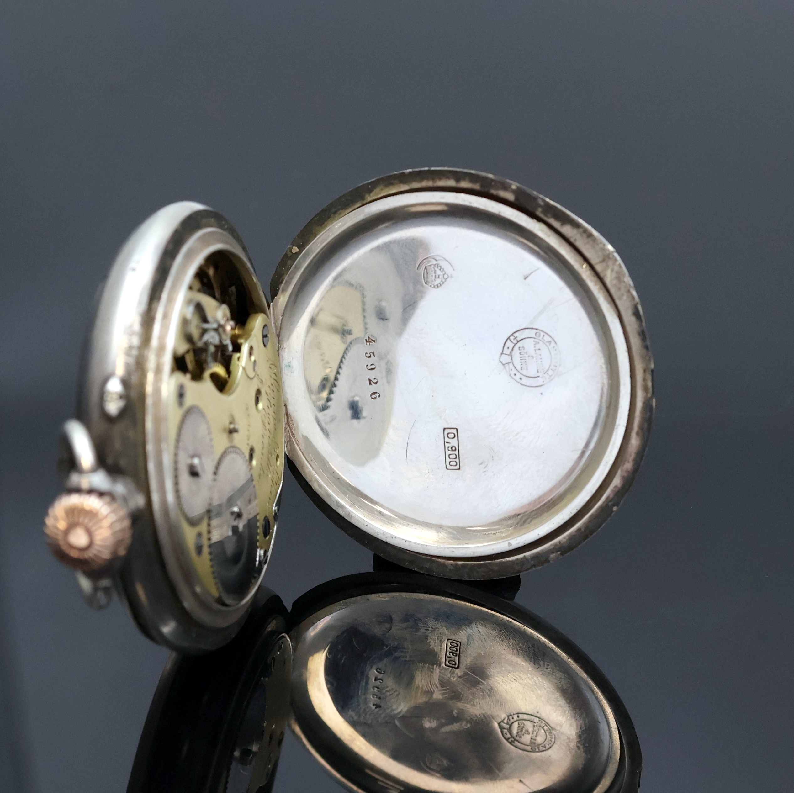 Detail d: A. LANGE & SÖHNE große, offene Herrentaschenuhr in 900er Silber, Deutschland um 1905, glattes Lucia-Geh. dell., Goldscharniere, 2-tlg. ...