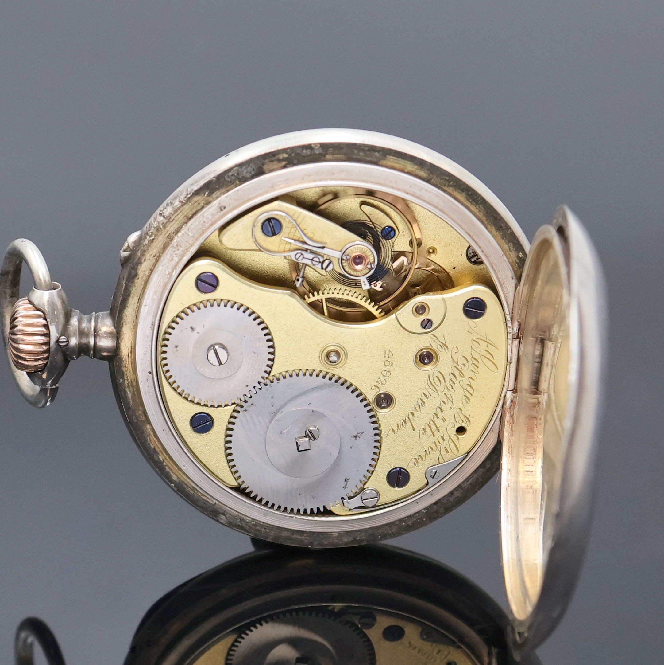 Detail e: A. LANGE & SÖHNE große, offene Herrentaschenuhr in 900er Silber, Deutschland um 1905, glattes Lucia-Geh. dell., Goldscharniere, 2-tlg. ...