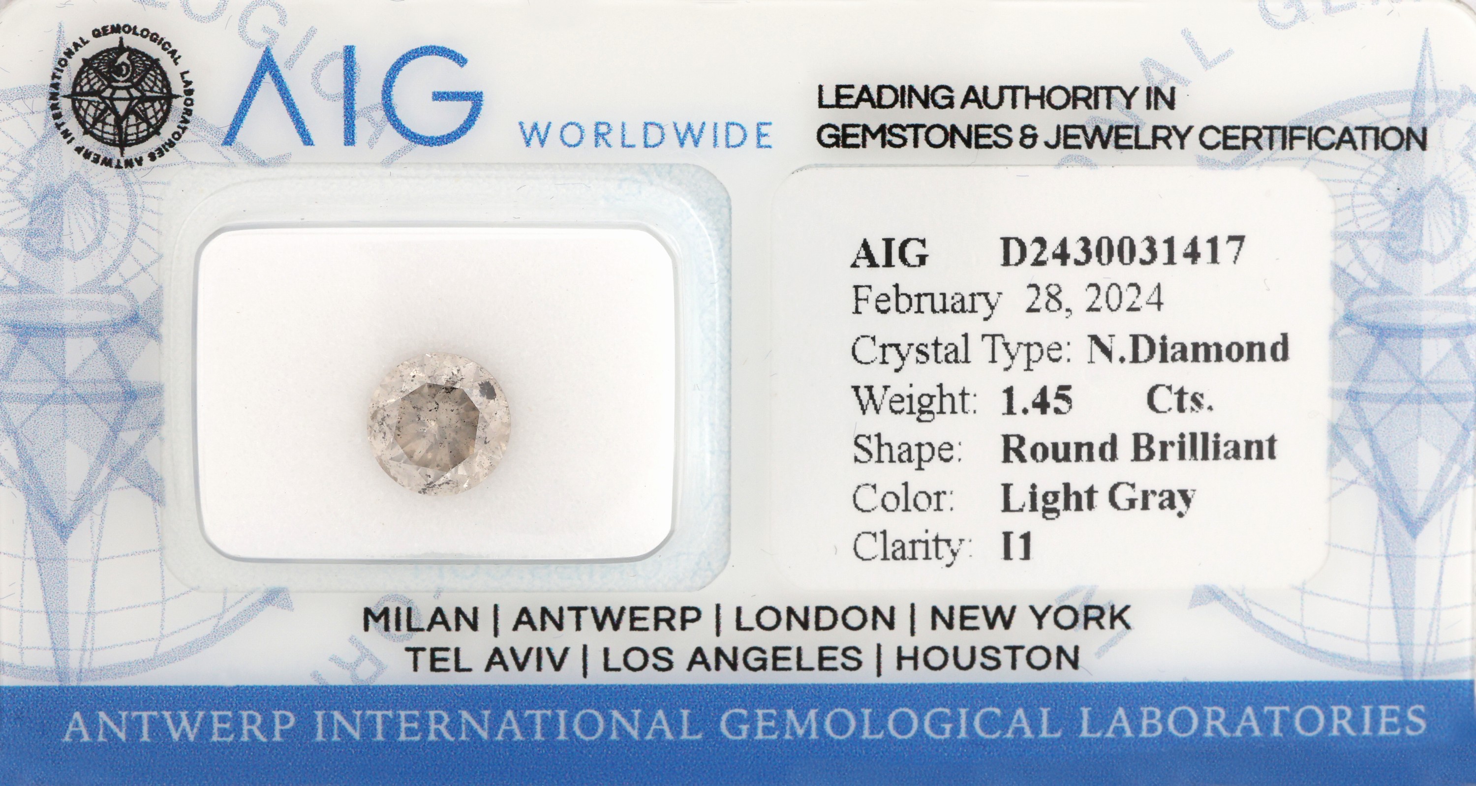 Loser Brillant, 1.45 ct Light Gray/p1, eingeschweißt mit AIG-Expertise