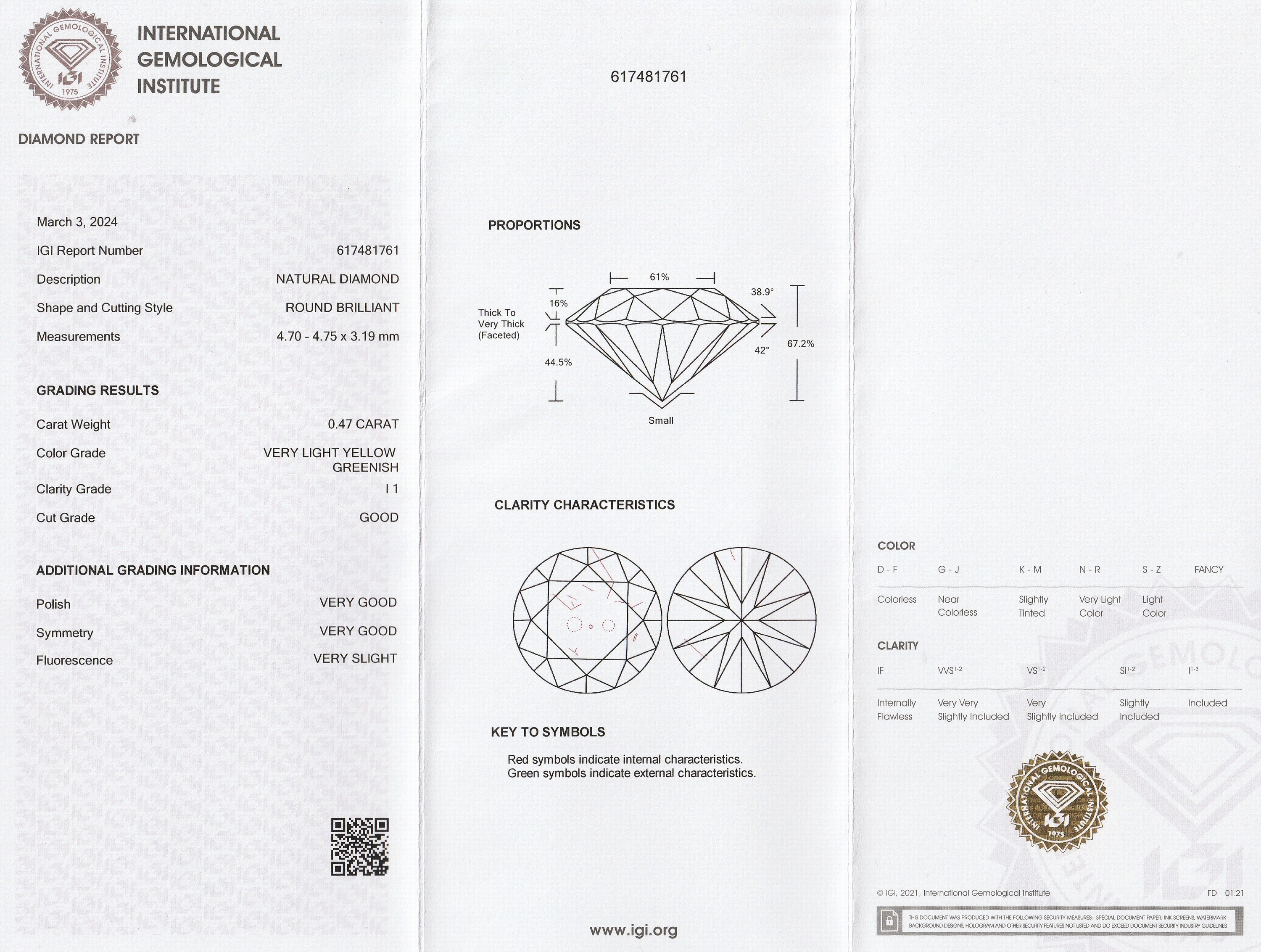 Detail a: Loser Brillant, 0.47 ct very light yellow greenish/p1, eingeschweißt, mit IGI-Expertise