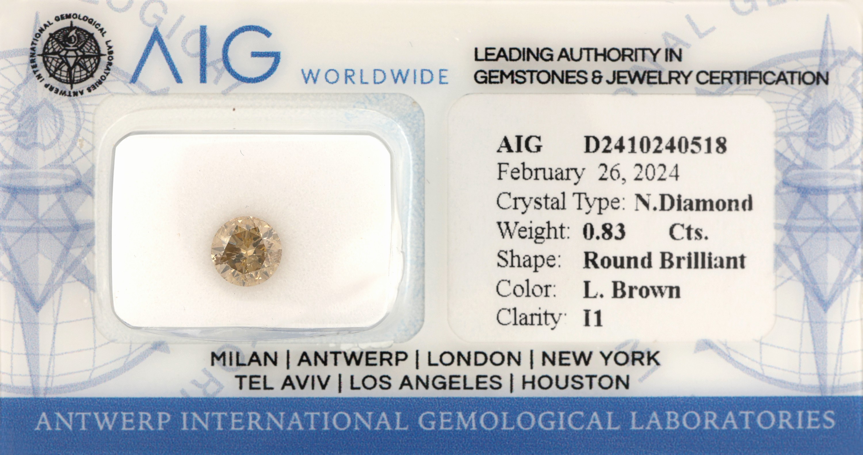 Loser Brillant, 0.83 ct light brown/p1, eingeschweißt, mit AIG-Expertise
